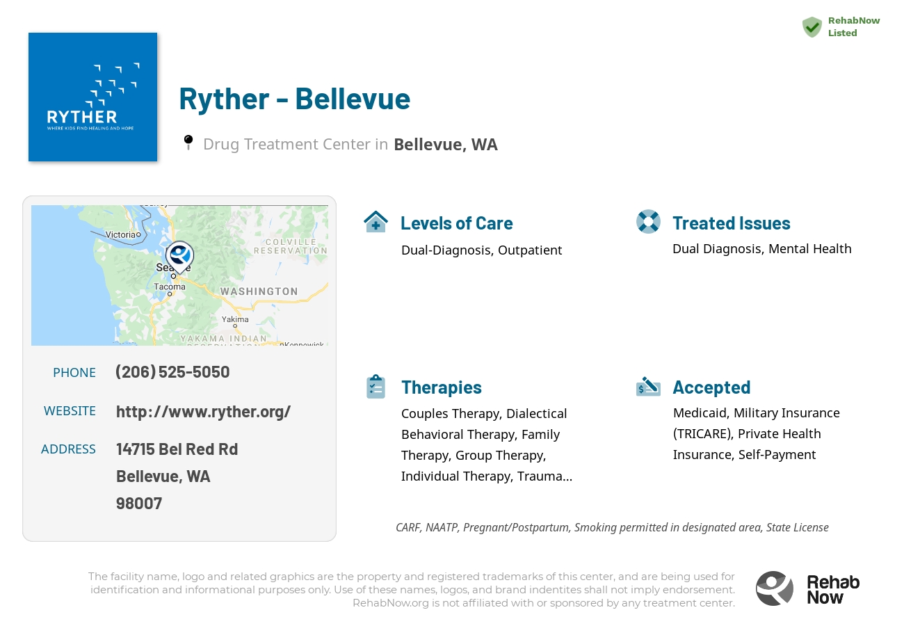 Helpful reference information for Ryther - Bellevue, a drug treatment center in Washington located at: 14715 Bel Red Rd, Bellevue, WA 98007, including phone numbers, official website, and more. Listed briefly is an overview of Levels of Care, Therapies Offered, Issues Treated, and accepted forms of Payment Methods.