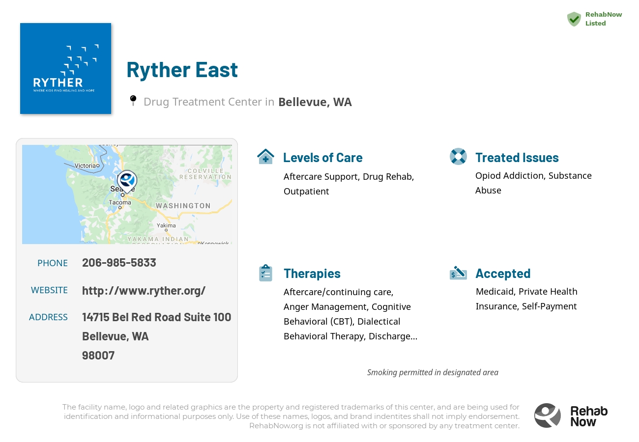 Helpful reference information for Ryther East, a drug treatment center in Washington located at: 14715 Bel Red Road Suite 100, Bellevue, WA 98007, including phone numbers, official website, and more. Listed briefly is an overview of Levels of Care, Therapies Offered, Issues Treated, and accepted forms of Payment Methods.