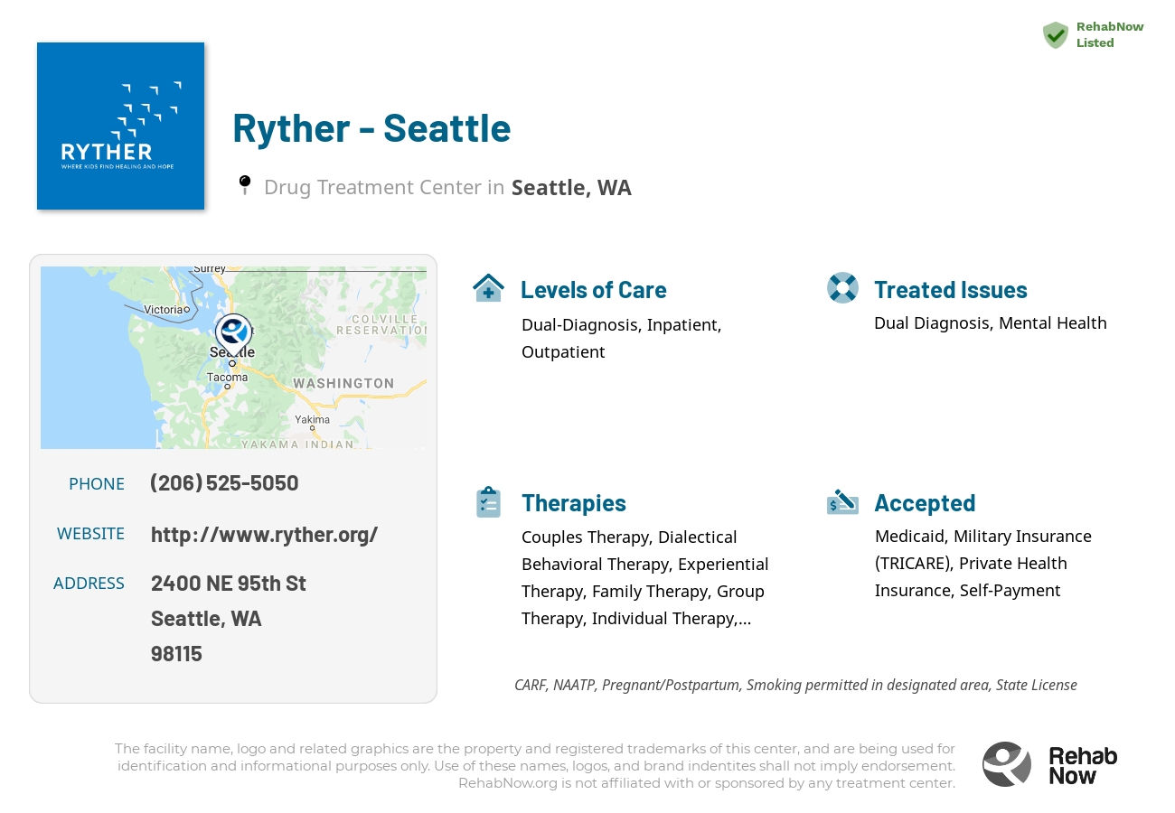 Helpful reference information for Ryther - Seattle, a drug treatment center in Washington located at: 2400 NE 95th St, Seattle, WA 98115, including phone numbers, official website, and more. Listed briefly is an overview of Levels of Care, Therapies Offered, Issues Treated, and accepted forms of Payment Methods.