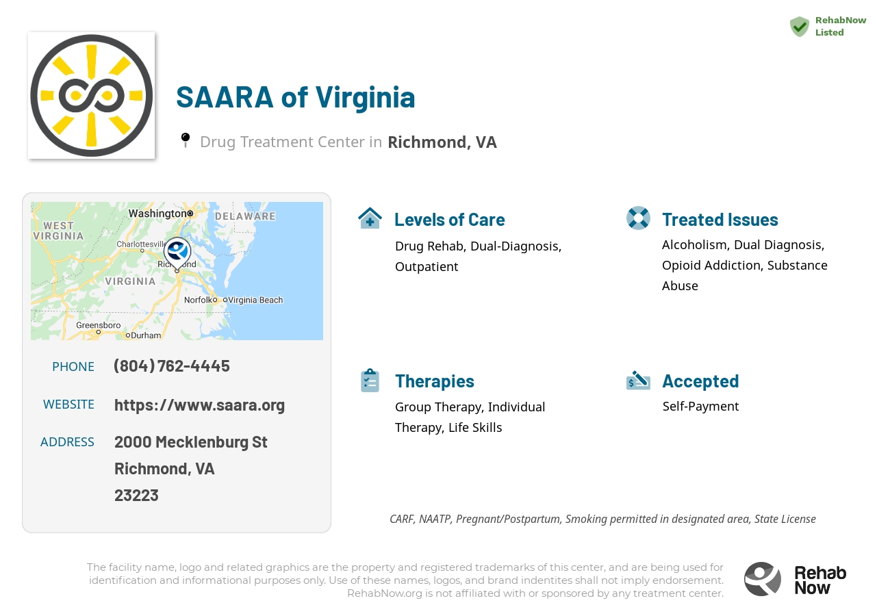 Helpful reference information for SAARA of Virginia, a drug treatment center in Virginia located at: 2000 Mecklenburg St, Richmond, VA 23223, including phone numbers, official website, and more. Listed briefly is an overview of Levels of Care, Therapies Offered, Issues Treated, and accepted forms of Payment Methods.