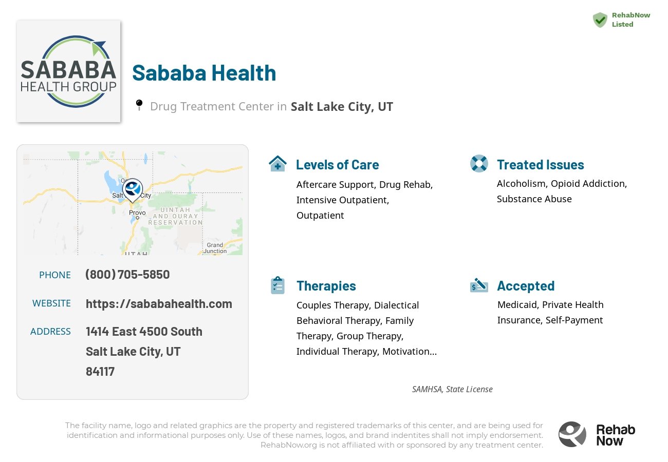 Helpful reference information for Sababa Health, a drug treatment center in Utah located at: 1414 1414 East 4500 South, Salt Lake City, UT 84117, including phone numbers, official website, and more. Listed briefly is an overview of Levels of Care, Therapies Offered, Issues Treated, and accepted forms of Payment Methods.