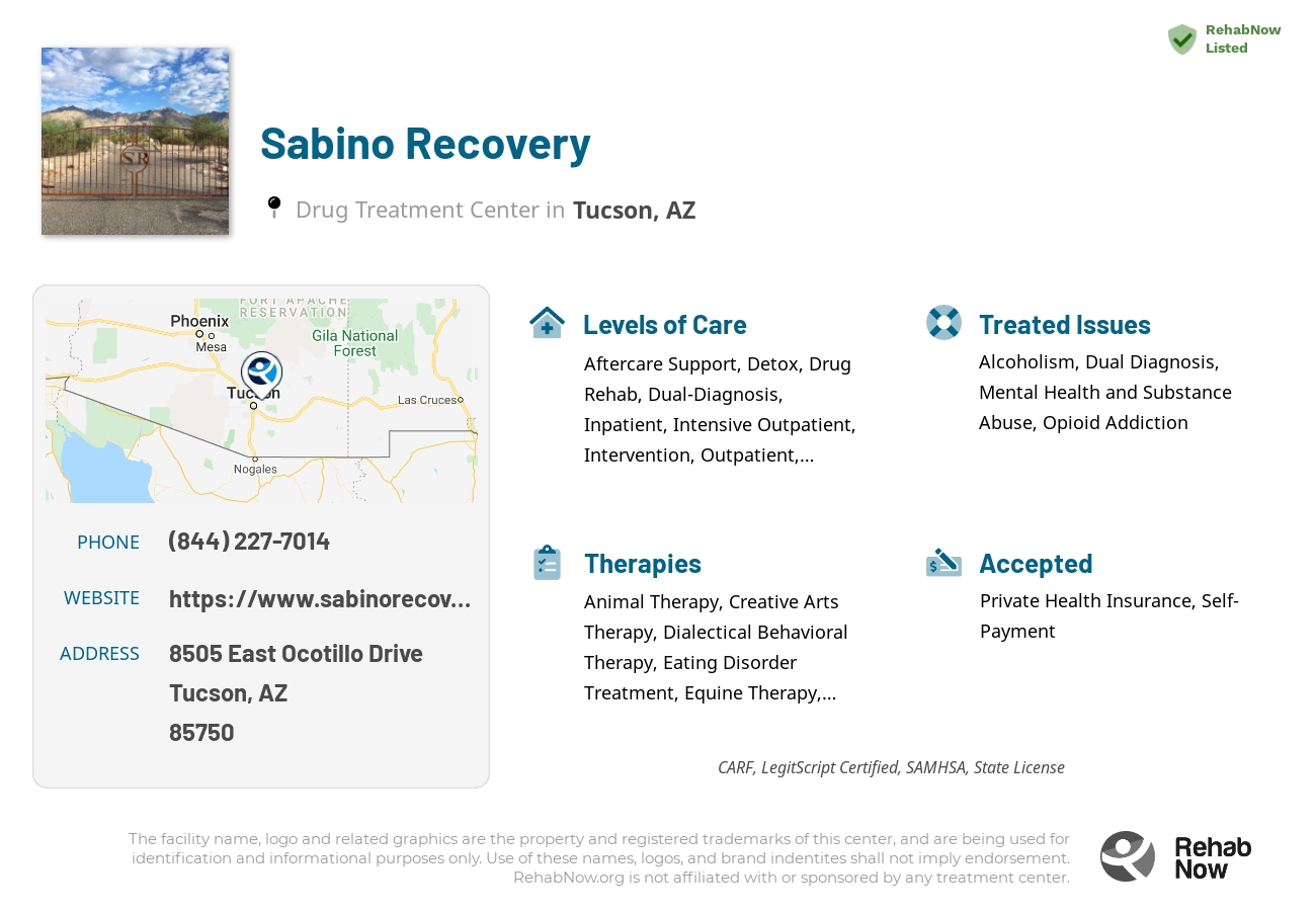 Helpful reference information for Sabino Recovery, a drug treatment center in Arizona located at: 8505 East Ocotillo Drive, Tucson, AZ, 85750, including phone numbers, official website, and more. Listed briefly is an overview of Levels of Care, Therapies Offered, Issues Treated, and accepted forms of Payment Methods.