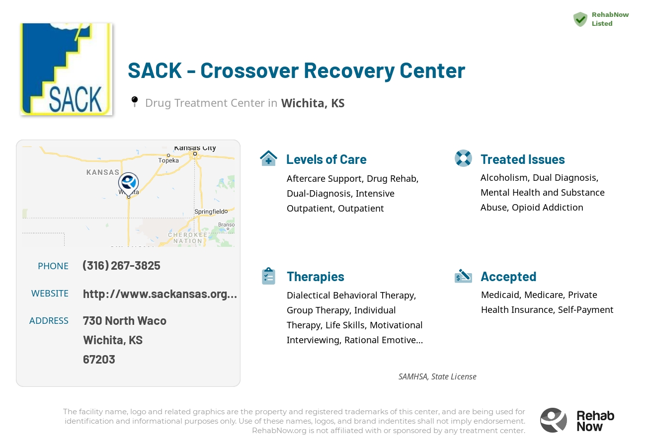 Helpful reference information for SACK - Crossover Recovery Center, a drug treatment center in Kansas located at: 730 North Waco, Wichita, KS, 67203, including phone numbers, official website, and more. Listed briefly is an overview of Levels of Care, Therapies Offered, Issues Treated, and accepted forms of Payment Methods.