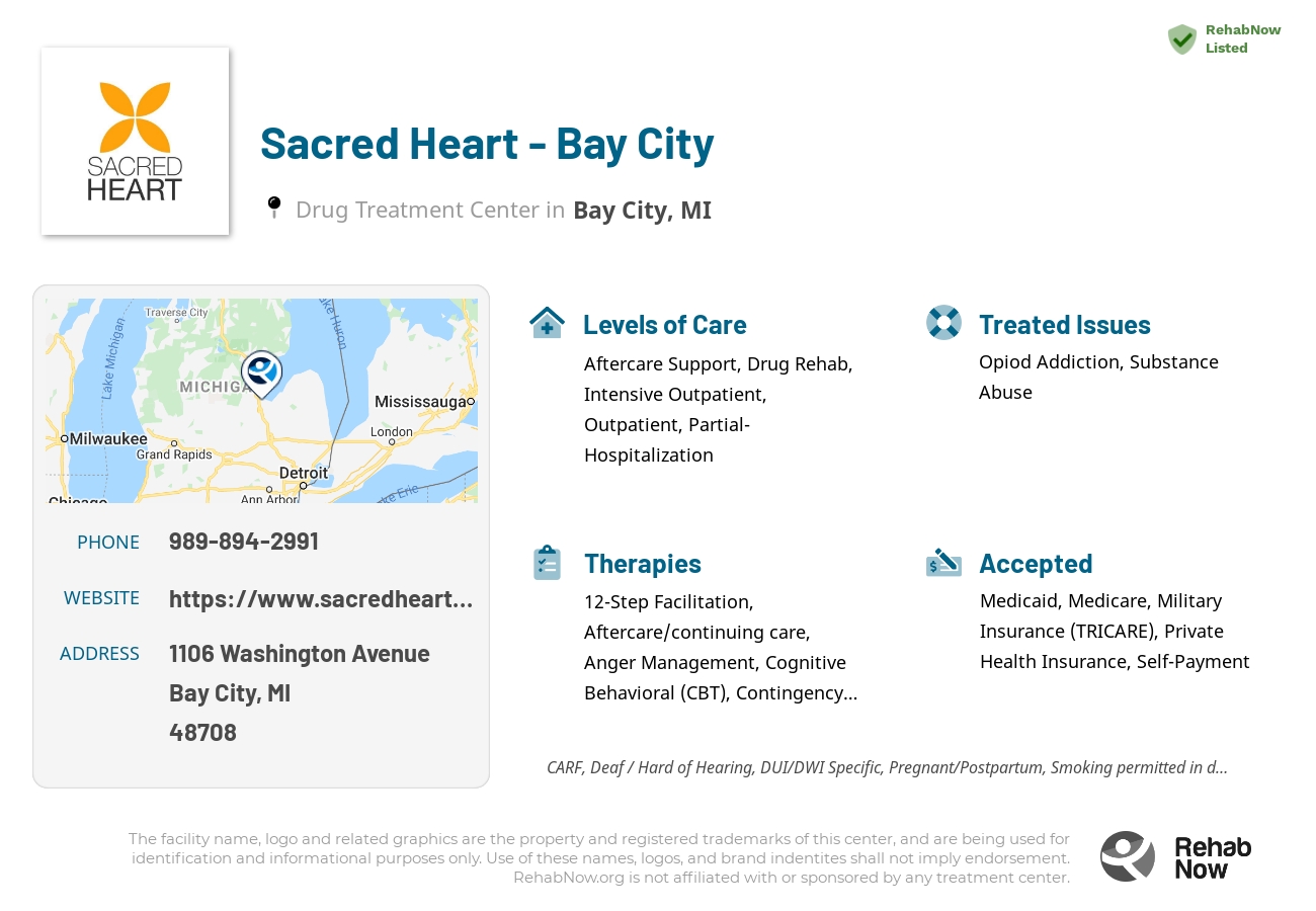 Helpful reference information for Sacred Heart - Bay City, a drug treatment center in Michigan located at: 1106 Washington Avenue, Bay City, MI 48708, including phone numbers, official website, and more. Listed briefly is an overview of Levels of Care, Therapies Offered, Issues Treated, and accepted forms of Payment Methods.