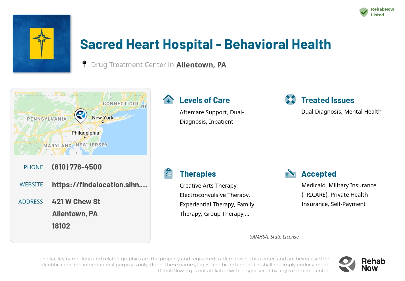 Helpful reference information for Sacred Heart Hospital - Behavioral Health, a drug treatment center in Pennsylvania located at: 421 W Chew St, Allentown, PA 18102, including phone numbers, official website, and more. Listed briefly is an overview of Levels of Care, Therapies Offered, Issues Treated, and accepted forms of Payment Methods.