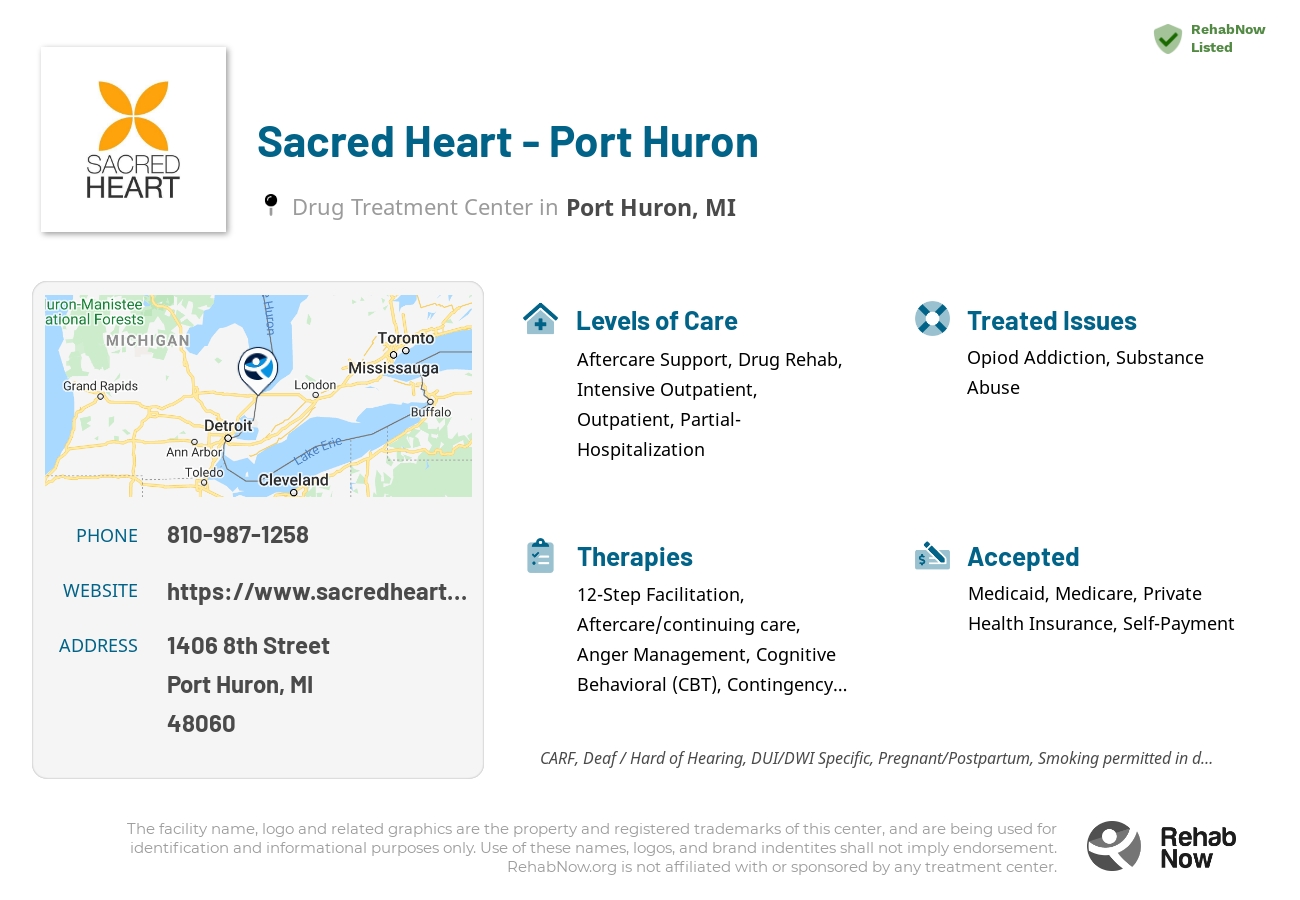 Helpful reference information for Sacred Heart - Port Huron, a drug treatment center in Michigan located at: 1406 8th Street, Port Huron, MI 48060, including phone numbers, official website, and more. Listed briefly is an overview of Levels of Care, Therapies Offered, Issues Treated, and accepted forms of Payment Methods.