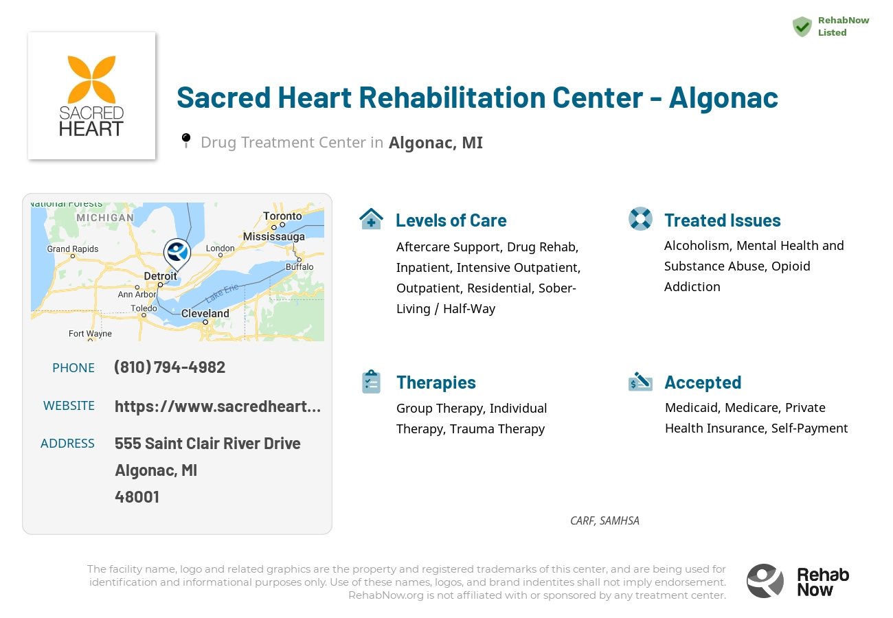 Helpful reference information for Sacred Heart Rehabilitation Center - Algonac, a drug treatment center in Michigan located at: 555 Saint Clair River Drive, Algonac, MI, 48001, including phone numbers, official website, and more. Listed briefly is an overview of Levels of Care, Therapies Offered, Issues Treated, and accepted forms of Payment Methods.