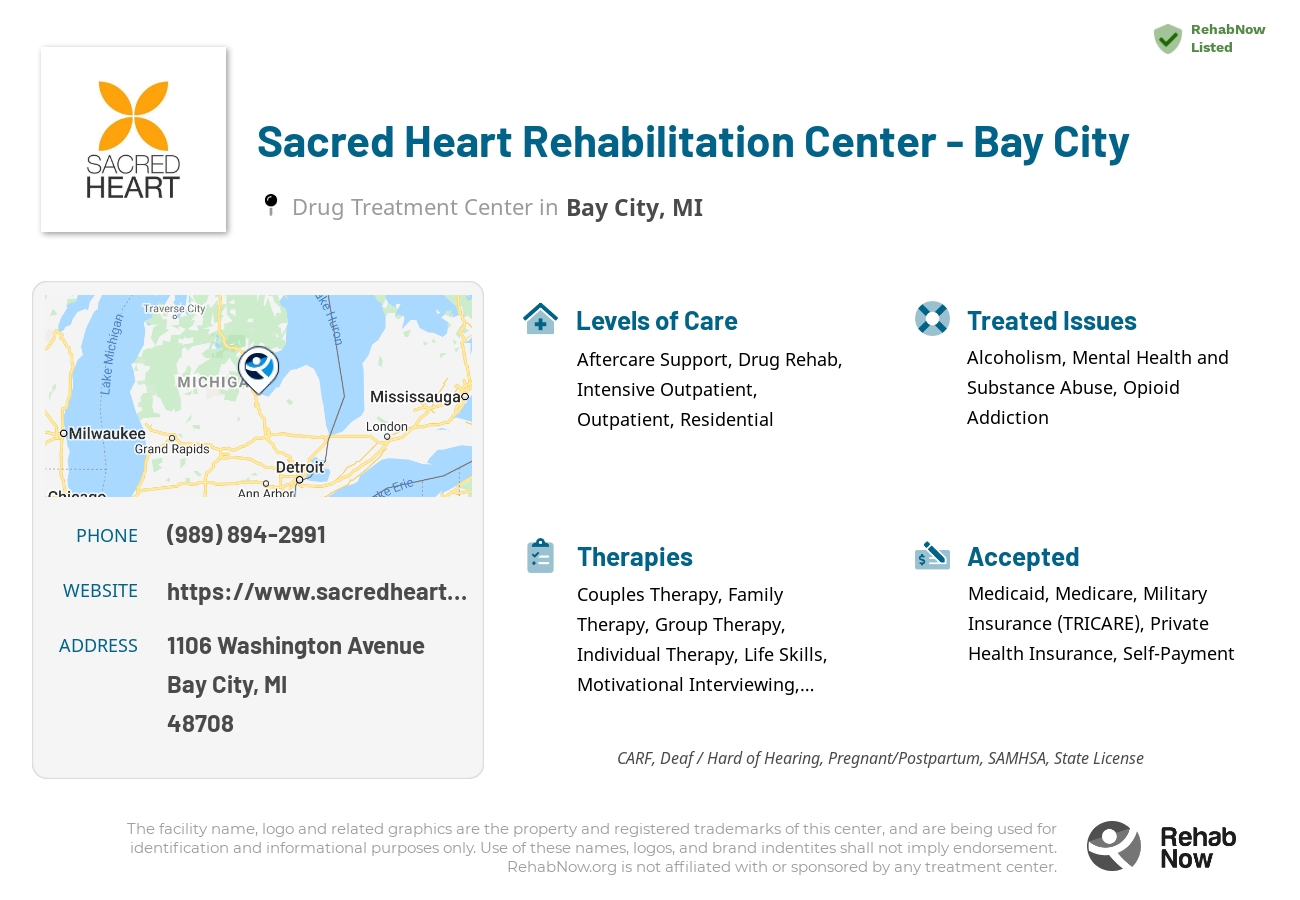Helpful reference information for Sacred Heart Rehabilitation Center - Bay City, a drug treatment center in Michigan located at: 1106 Washington Avenue, Bay City, MI, 48708, including phone numbers, official website, and more. Listed briefly is an overview of Levels of Care, Therapies Offered, Issues Treated, and accepted forms of Payment Methods.