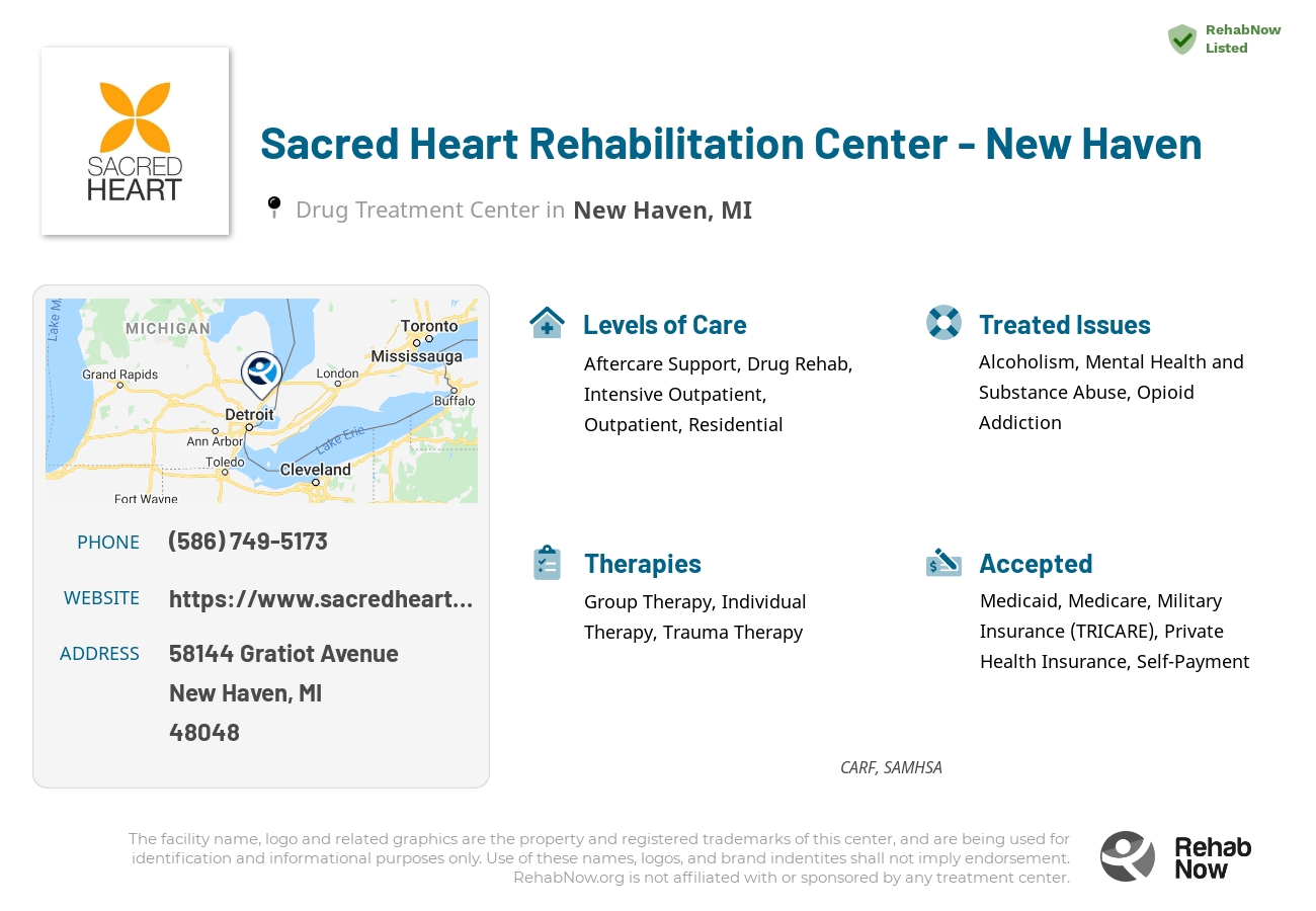 Helpful reference information for Sacred Heart Rehabilitation Center - New Haven, a drug treatment center in Michigan located at: 58144 Gratiot Avenue, New Haven, MI, 48048, including phone numbers, official website, and more. Listed briefly is an overview of Levels of Care, Therapies Offered, Issues Treated, and accepted forms of Payment Methods.