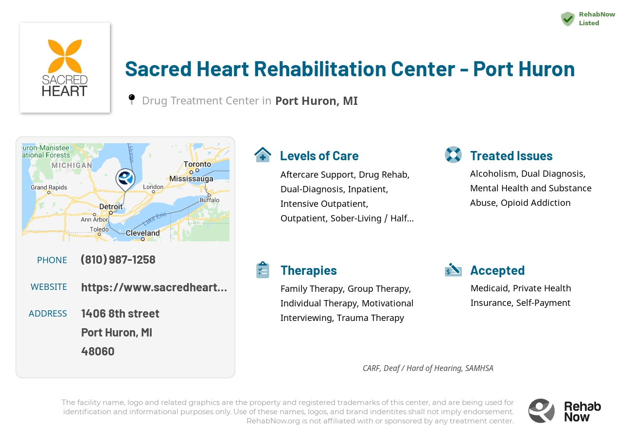 Helpful reference information for Sacred Heart Rehabilitation Center - Port Huron, a drug treatment center in Michigan located at: 1406 8th street, Port Huron, MI, 48060, including phone numbers, official website, and more. Listed briefly is an overview of Levels of Care, Therapies Offered, Issues Treated, and accepted forms of Payment Methods.