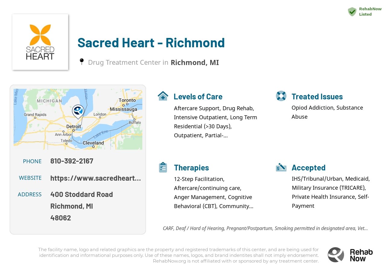 Helpful reference information for Sacred Heart - Richmond, a drug treatment center in Michigan located at: 400 Stoddard Road, Richmond, MI 48062, including phone numbers, official website, and more. Listed briefly is an overview of Levels of Care, Therapies Offered, Issues Treated, and accepted forms of Payment Methods.