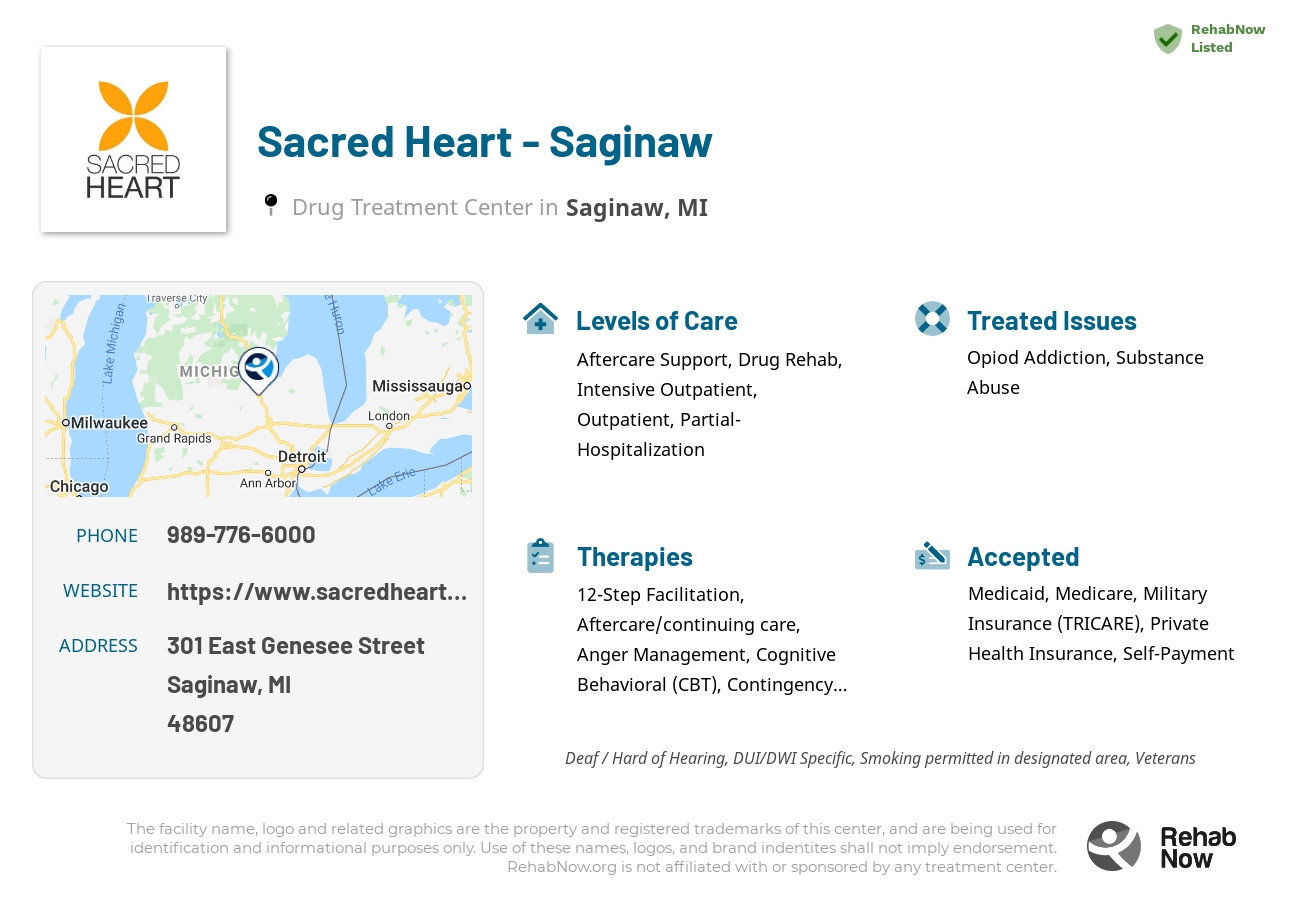 Helpful reference information for Sacred Heart - Saginaw, a drug treatment center in Michigan located at: 301 East Genesee Street, Saginaw, MI 48607, including phone numbers, official website, and more. Listed briefly is an overview of Levels of Care, Therapies Offered, Issues Treated, and accepted forms of Payment Methods.