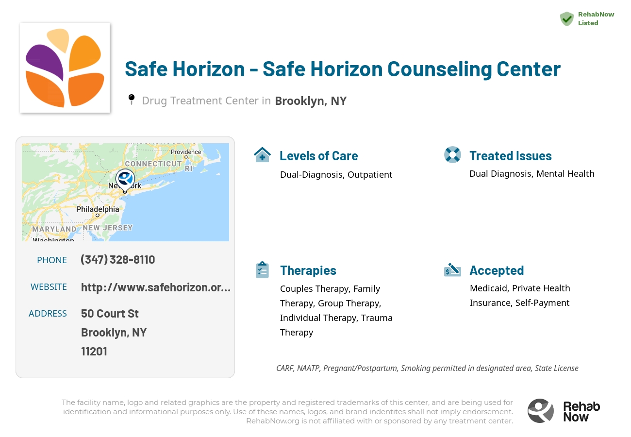Helpful reference information for Safe Horizon - Safe Horizon Counseling Center, a drug treatment center in New York located at: 50 Court St, Brooklyn, NY 11201, including phone numbers, official website, and more. Listed briefly is an overview of Levels of Care, Therapies Offered, Issues Treated, and accepted forms of Payment Methods.