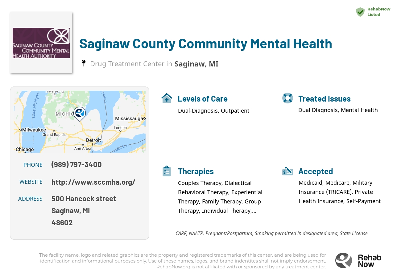 Helpful reference information for Saginaw County Community Mental Health, a drug treatment center in Michigan located at: 500 500 Hancock street, Saginaw, MI 48602, including phone numbers, official website, and more. Listed briefly is an overview of Levels of Care, Therapies Offered, Issues Treated, and accepted forms of Payment Methods.