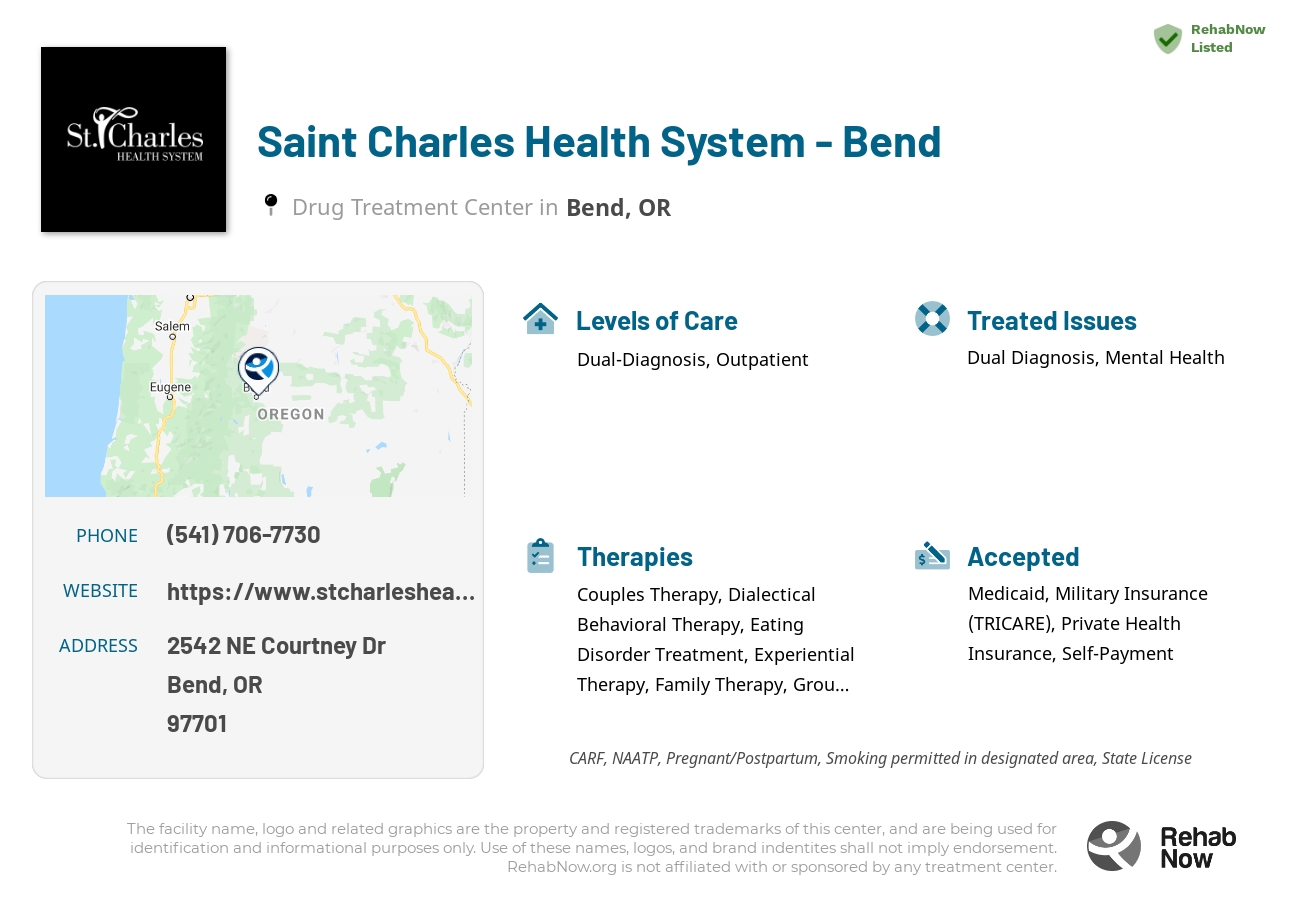 Helpful reference information for Saint Charles Health System - Bend, a drug treatment center in Oregon located at: 2542 NE Courtney Dr, Bend, OR 97701, including phone numbers, official website, and more. Listed briefly is an overview of Levels of Care, Therapies Offered, Issues Treated, and accepted forms of Payment Methods.