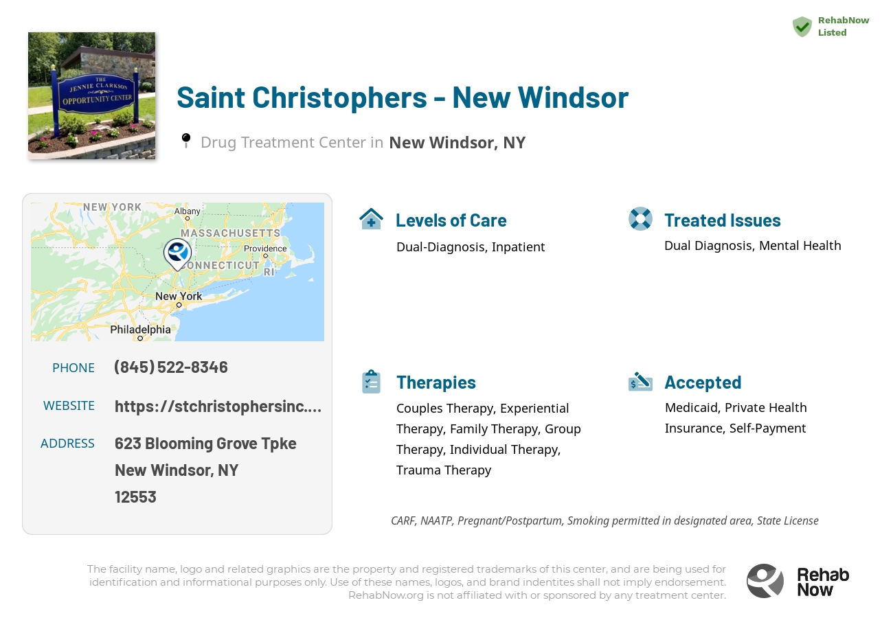 Helpful reference information for Saint Christophers - New Windsor, a drug treatment center in New York located at: 623 Blooming Grove Tpke, New Windsor, NY 12553, including phone numbers, official website, and more. Listed briefly is an overview of Levels of Care, Therapies Offered, Issues Treated, and accepted forms of Payment Methods.