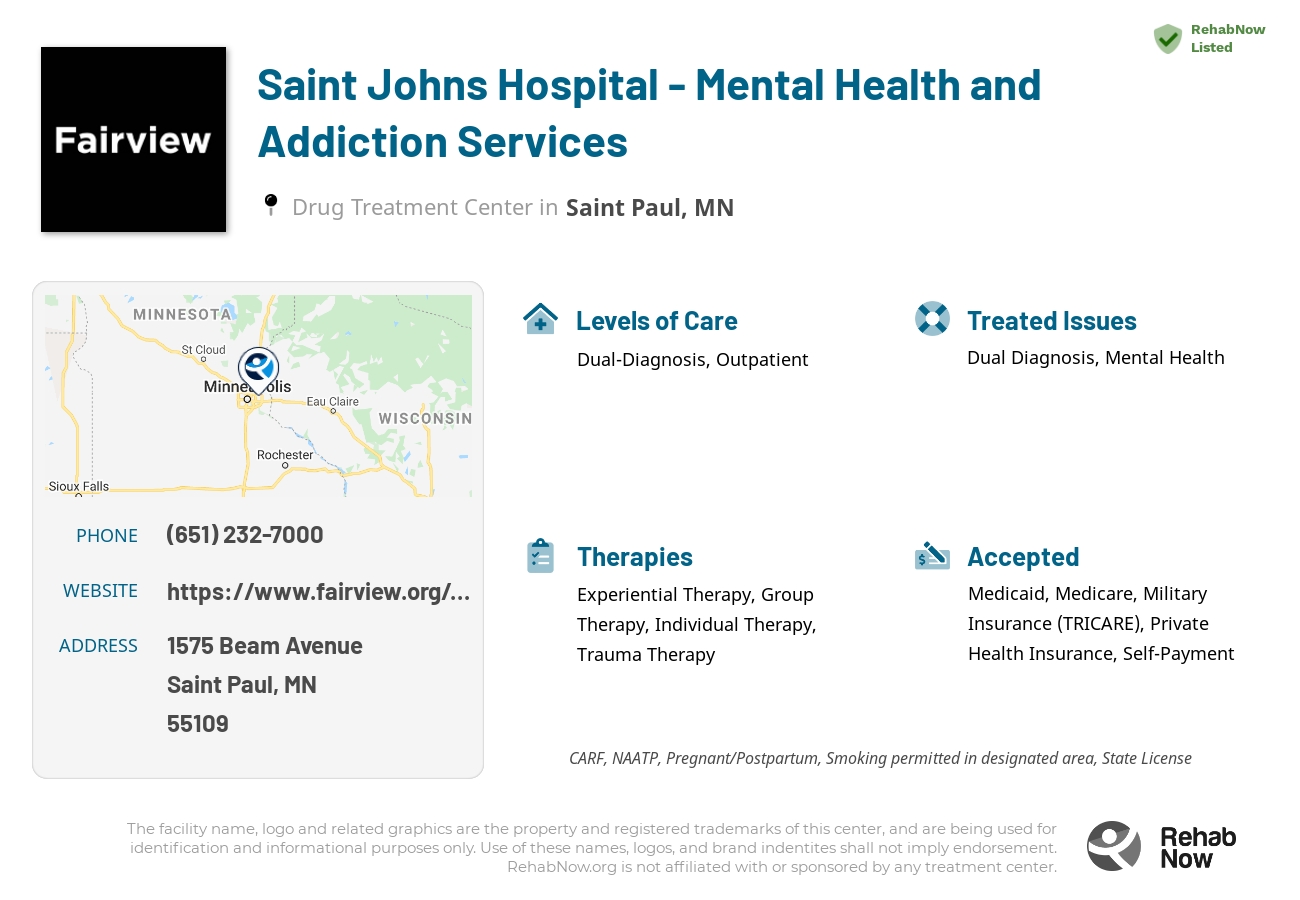 Helpful reference information for Saint Johns Hospital - Mental Health and Addiction Services, a drug treatment center in Minnesota located at: 1575 1575 Beam Avenue, Saint Paul, MN 55109, including phone numbers, official website, and more. Listed briefly is an overview of Levels of Care, Therapies Offered, Issues Treated, and accepted forms of Payment Methods.
