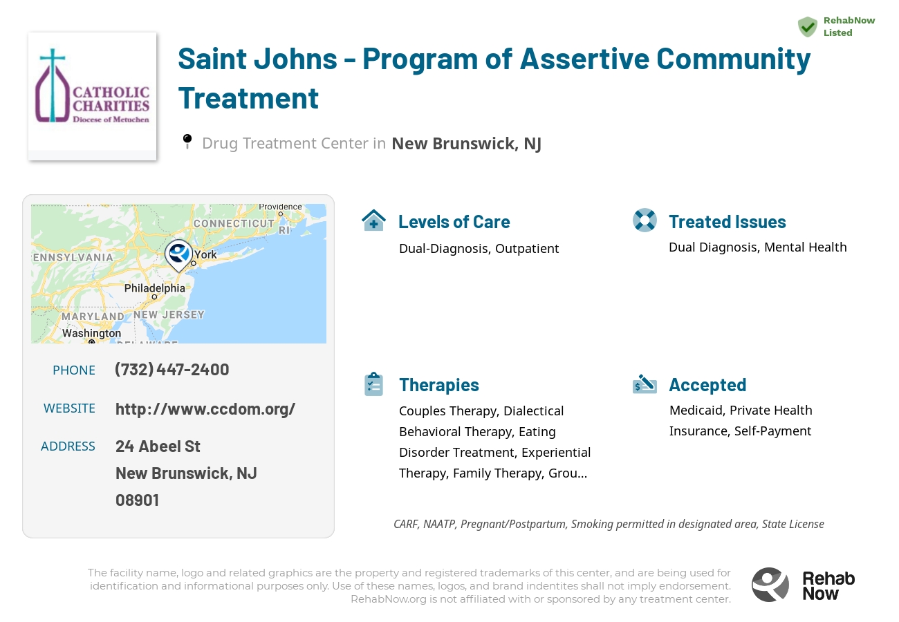Helpful reference information for Saint Johns - Program of Assertive Community Treatment, a drug treatment center in New Jersey located at: 24 Abeel St, New Brunswick, NJ 08901, including phone numbers, official website, and more. Listed briefly is an overview of Levels of Care, Therapies Offered, Issues Treated, and accepted forms of Payment Methods.