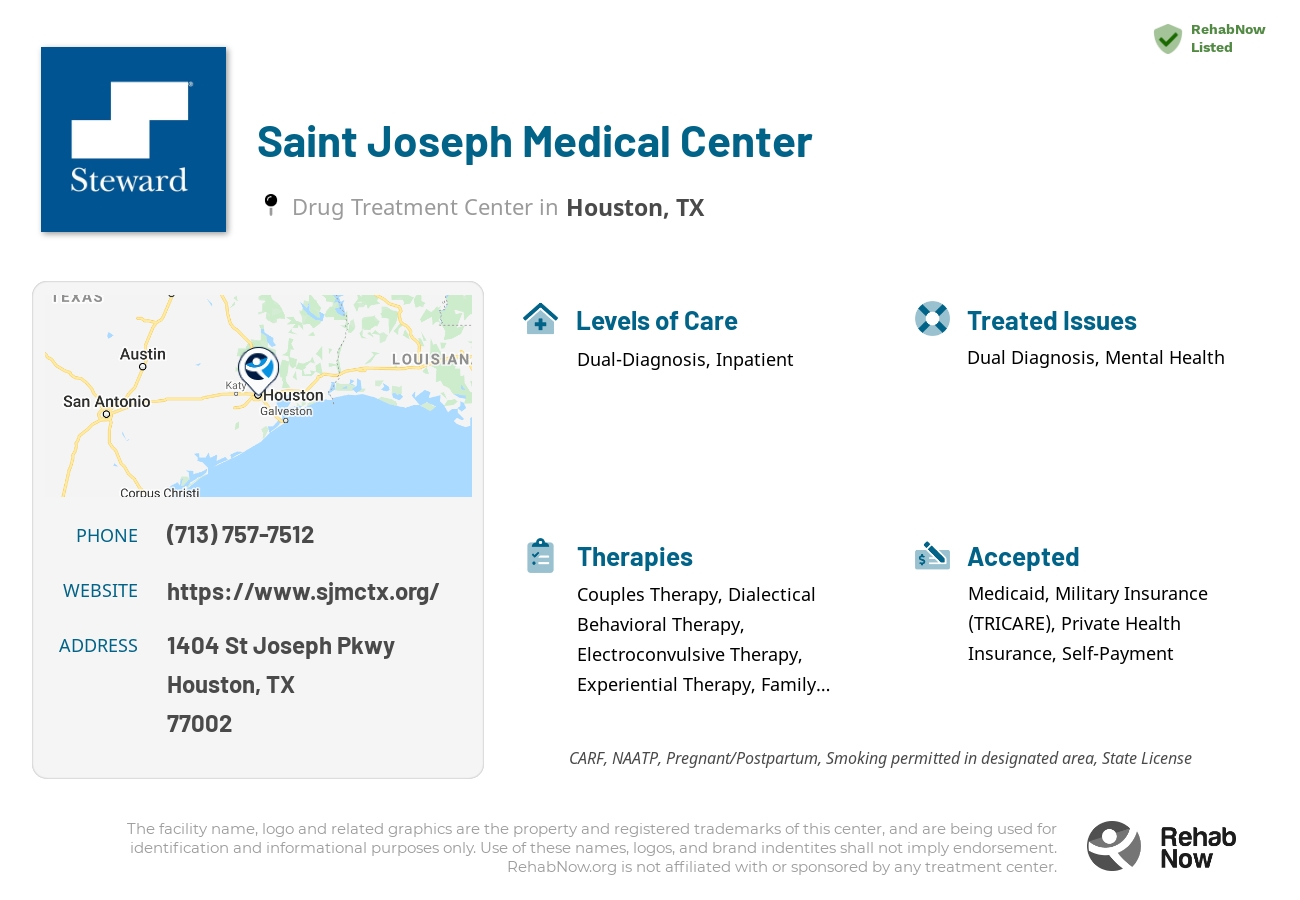 Helpful reference information for Saint Joseph Medical Center, a drug treatment center in Texas located at: 1404 St Joseph Pkwy, Houston, TX 77002, including phone numbers, official website, and more. Listed briefly is an overview of Levels of Care, Therapies Offered, Issues Treated, and accepted forms of Payment Methods.
