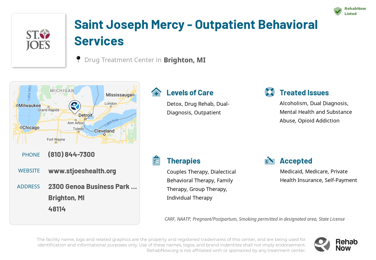 Helpful reference information for Saint Joseph Mercy - Outpatient Behavioral Services, a drug treatment center in Michigan located at: 2300 2300 Genoa Business Park Drive, Brighton, MI 48114, including phone numbers, official website, and more. Listed briefly is an overview of Levels of Care, Therapies Offered, Issues Treated, and accepted forms of Payment Methods.