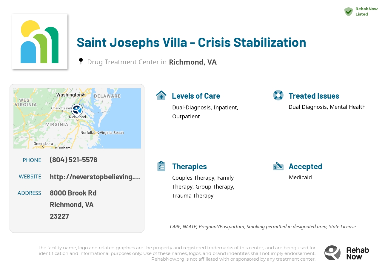 Helpful reference information for Saint Josephs Villa - Crisis Stabilization, a drug treatment center in Virginia located at: 8000 Brook Rd, Richmond, VA 23227, including phone numbers, official website, and more. Listed briefly is an overview of Levels of Care, Therapies Offered, Issues Treated, and accepted forms of Payment Methods.