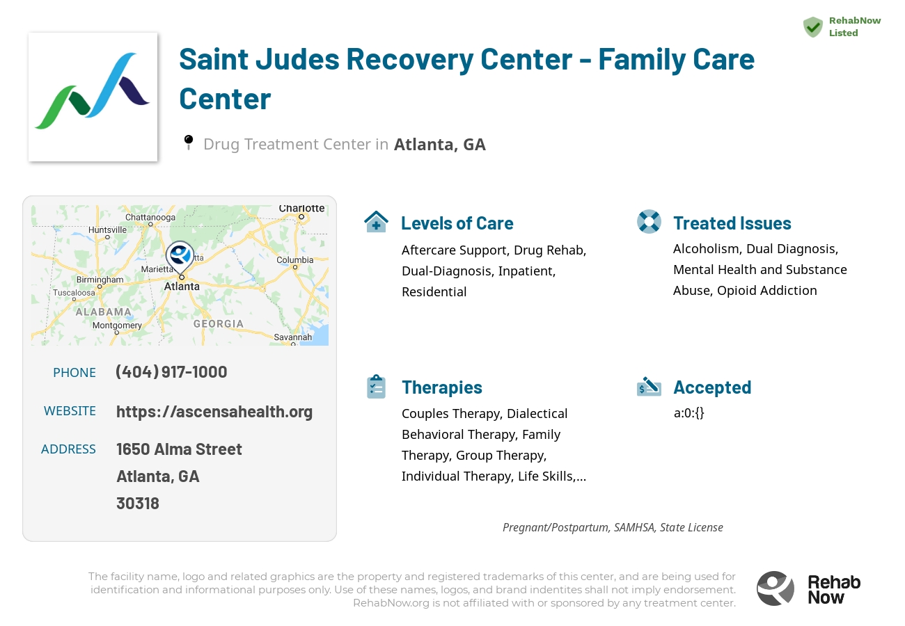 Helpful reference information for Saint Judes Recovery Center - Family Care Center, a drug treatment center in Georgia located at: 1650 1650 Alma Street, Atlanta, GA 30318, including phone numbers, official website, and more. Listed briefly is an overview of Levels of Care, Therapies Offered, Issues Treated, and accepted forms of Payment Methods.