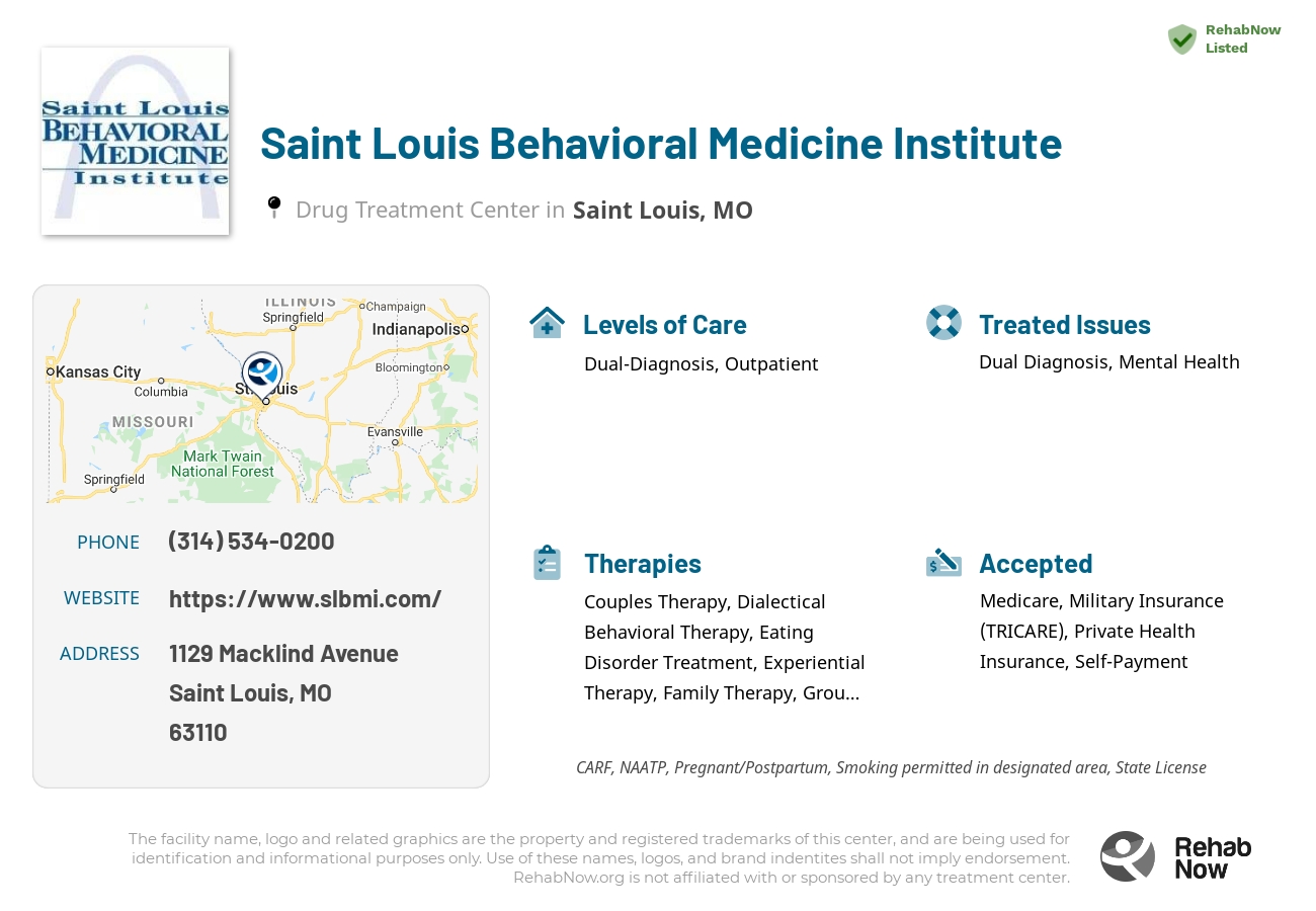 Helpful reference information for Saint Louis Behavioral Medicine Institute, a drug treatment center in Missouri located at: 1129 1129 Macklind Avenue, Saint Louis, MO 63110, including phone numbers, official website, and more. Listed briefly is an overview of Levels of Care, Therapies Offered, Issues Treated, and accepted forms of Payment Methods.