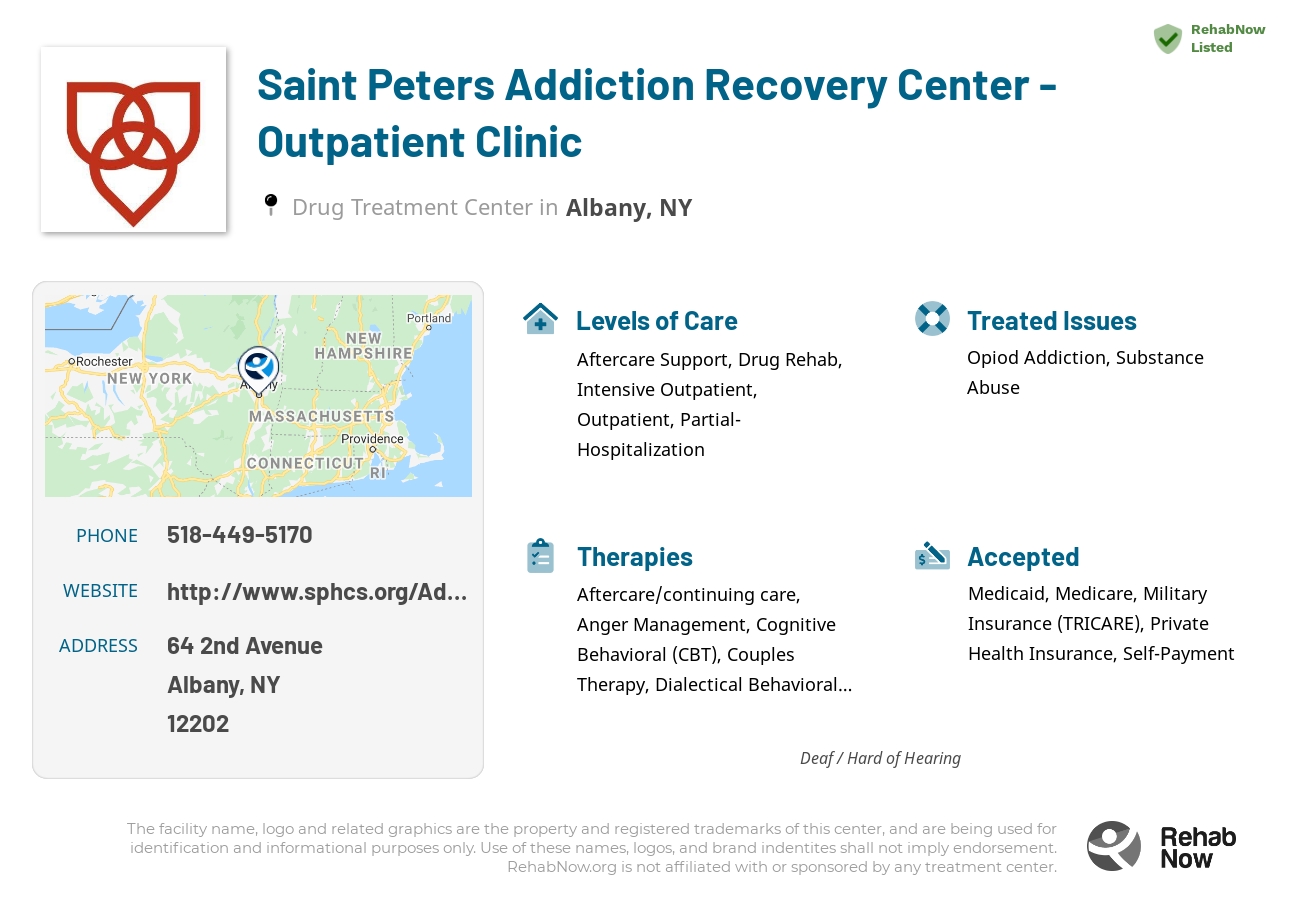 Helpful reference information for Saint Peters Addiction Recovery Center - Outpatient Clinic, a drug treatment center in New York located at: 64 2nd Avenue, Albany, NY 12202, including phone numbers, official website, and more. Listed briefly is an overview of Levels of Care, Therapies Offered, Issues Treated, and accepted forms of Payment Methods.