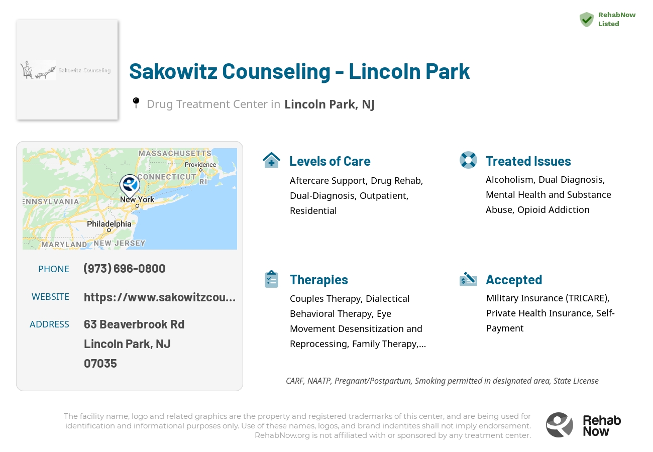 Helpful reference information for Sakowitz Counseling - Lincoln Park, a drug treatment center in New Jersey located at: 63 Beaverbrook Rd, Lincoln Park, NJ 07035, including phone numbers, official website, and more. Listed briefly is an overview of Levels of Care, Therapies Offered, Issues Treated, and accepted forms of Payment Methods.