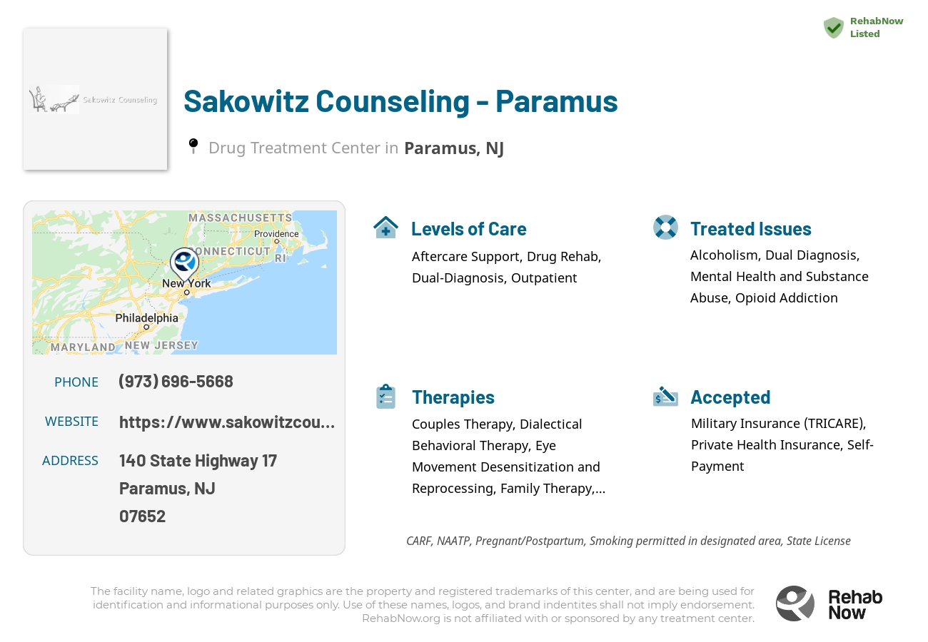 Helpful reference information for Sakowitz Counseling - Paramus, a drug treatment center in New Jersey located at: 140 State Highway 17, Paramus, NJ 07652, including phone numbers, official website, and more. Listed briefly is an overview of Levels of Care, Therapies Offered, Issues Treated, and accepted forms of Payment Methods.