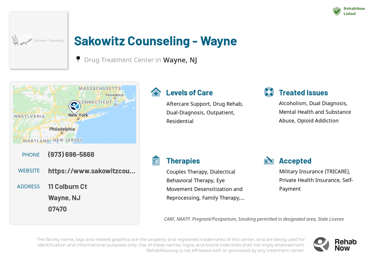 Helpful reference information for Sakowitz Counseling - Wayne, a drug treatment center in New Jersey located at: 11 Colburn Ct, Wayne, NJ 07470, including phone numbers, official website, and more. Listed briefly is an overview of Levels of Care, Therapies Offered, Issues Treated, and accepted forms of Payment Methods.