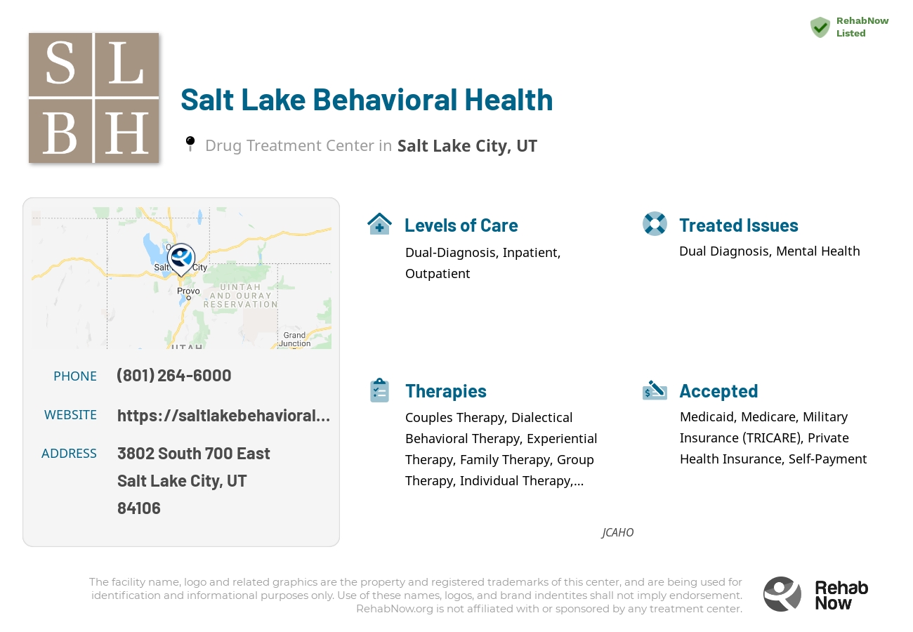 Helpful reference information for Salt Lake Behavioral Health, a drug treatment center in Utah located at: 3802 3802 South 700 East, Salt Lake City, UT 84106, including phone numbers, official website, and more. Listed briefly is an overview of Levels of Care, Therapies Offered, Issues Treated, and accepted forms of Payment Methods.