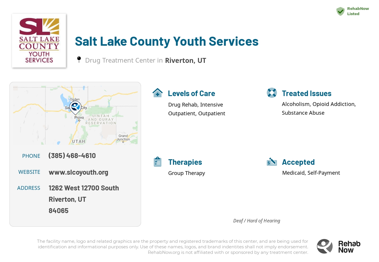 Helpful reference information for Salt Lake County Youth Services, a drug treatment center in Utah located at: 1262 West 12700 South, Riverton, UT, 84065, including phone numbers, official website, and more. Listed briefly is an overview of Levels of Care, Therapies Offered, Issues Treated, and accepted forms of Payment Methods.