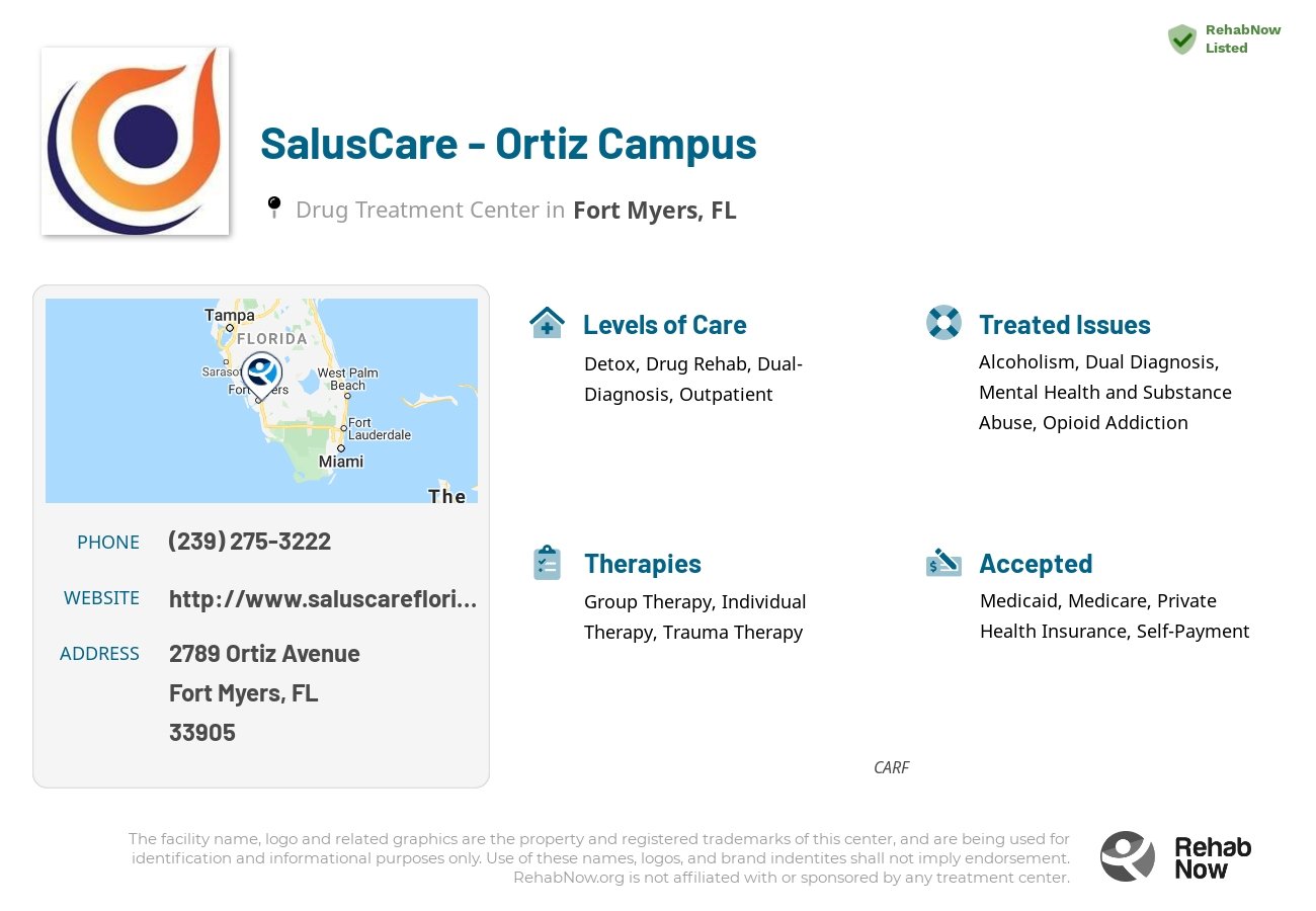 Helpful reference information for SalusCare - Ortiz Campus, a drug treatment center in Florida located at: 2789 Ortiz Avenue, Fort Myers, FL 33905, including phone numbers, official website, and more. Listed briefly is an overview of Levels of Care, Therapies Offered, Issues Treated, and accepted forms of Payment Methods.