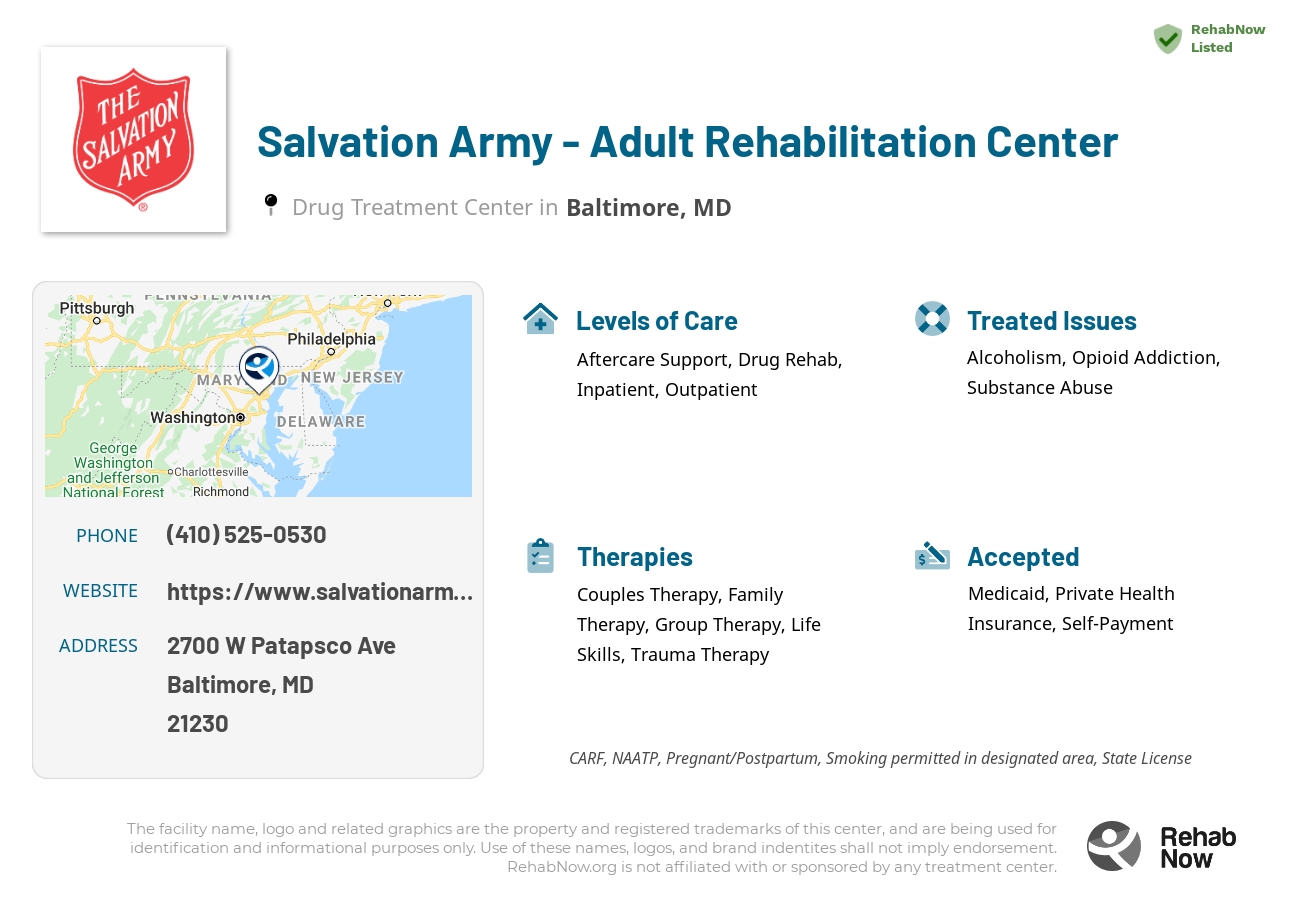 Helpful reference information for Salvation Army - Adult Rehabilitation Center, a drug treatment center in Maryland located at: 2700 W Patapsco Ave, Baltimore, MD 21230, including phone numbers, official website, and more. Listed briefly is an overview of Levels of Care, Therapies Offered, Issues Treated, and accepted forms of Payment Methods.