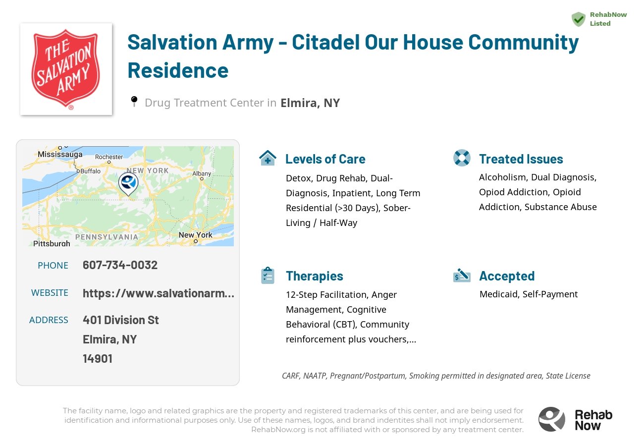 Helpful reference information for Salvation Army - Citadel Our House Community Residence, a drug treatment center in New York located at: 401 Division St, Elmira, NY 14901, including phone numbers, official website, and more. Listed briefly is an overview of Levels of Care, Therapies Offered, Issues Treated, and accepted forms of Payment Methods.