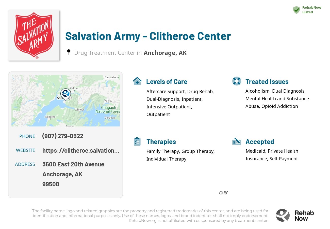 Helpful reference information for Salvation Army - Clitheroe Center, a drug treatment center in Alaska located at: 3600 East 20th Avenue, Anchorage, AK, 99508, including phone numbers, official website, and more. Listed briefly is an overview of Levels of Care, Therapies Offered, Issues Treated, and accepted forms of Payment Methods.