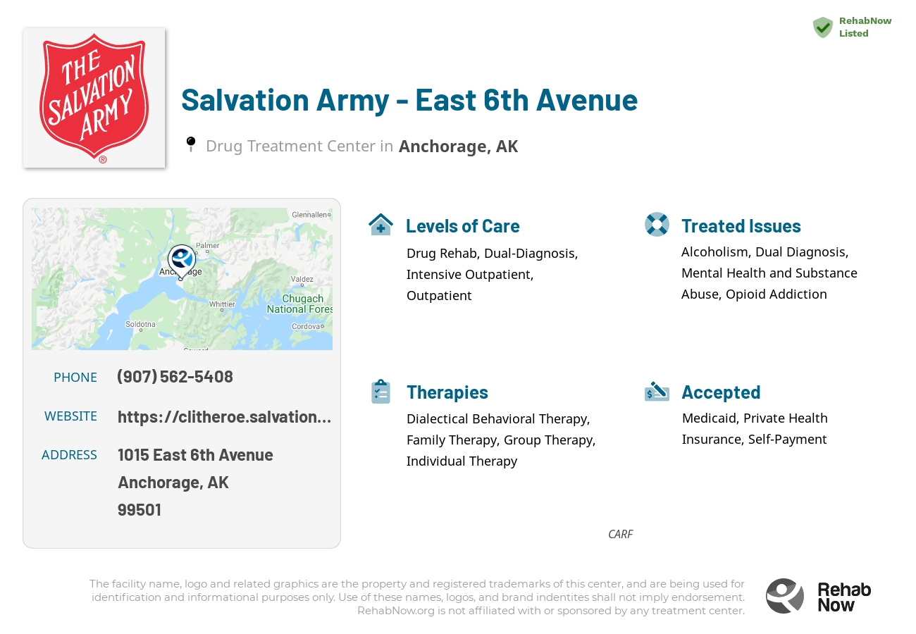Helpful reference information for Salvation Army - East 6th Avenue, a drug treatment center in Alaska located at: 1015 East 6th Avenue, Anchorage, AK, 99501, including phone numbers, official website, and more. Listed briefly is an overview of Levels of Care, Therapies Offered, Issues Treated, and accepted forms of Payment Methods.