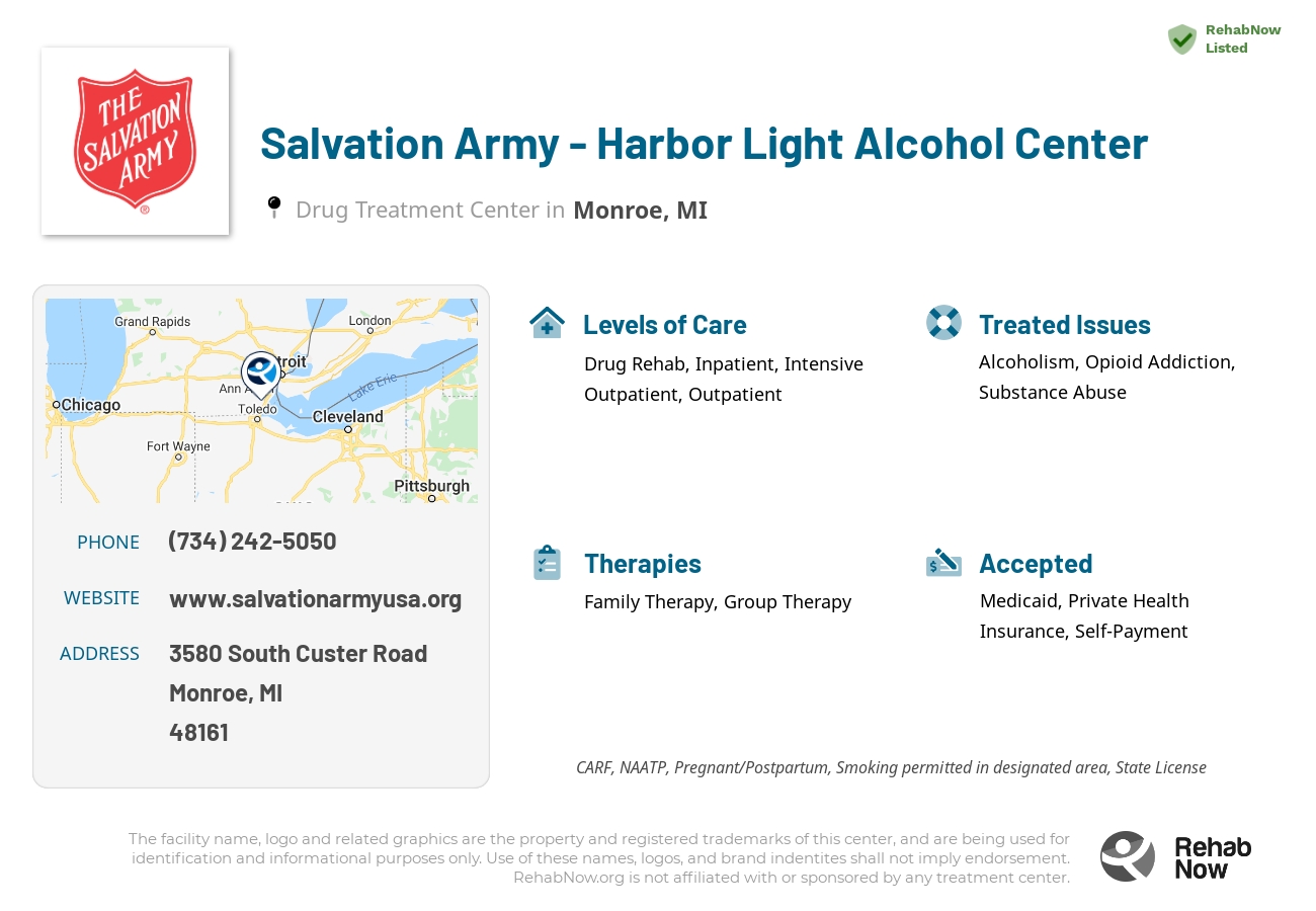 Helpful reference information for Salvation Army - Harbor Light Alcohol Center, a drug treatment center in Michigan located at: 3580 3580 South Custer Road, Monroe, MI 48161, including phone numbers, official website, and more. Listed briefly is an overview of Levels of Care, Therapies Offered, Issues Treated, and accepted forms of Payment Methods.