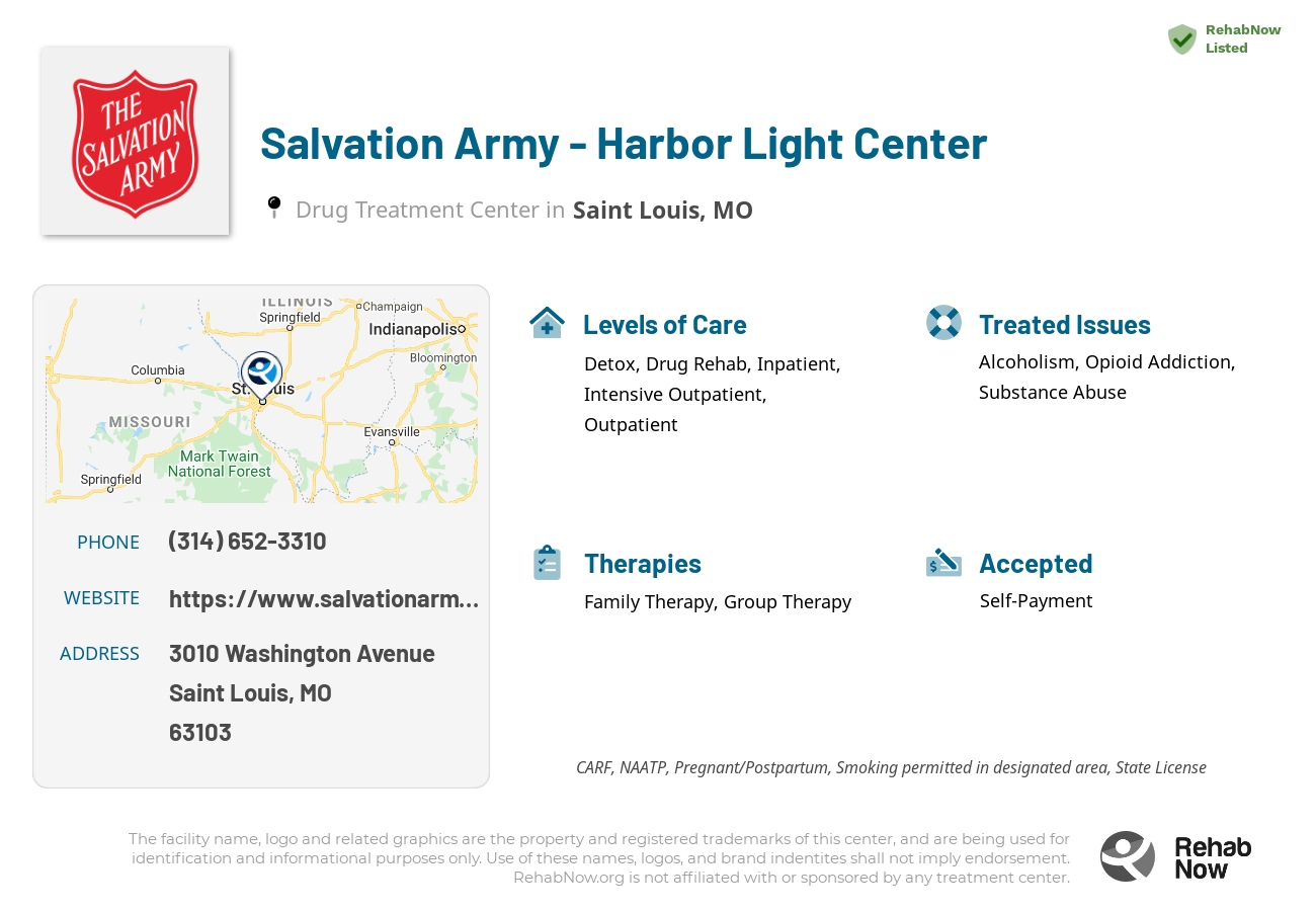 Helpful reference information for Salvation Army - Harbor Light Center, a drug treatment center in Missouri located at: 3010 3010 Washington Avenue, Saint Louis, MO 63103, including phone numbers, official website, and more. Listed briefly is an overview of Levels of Care, Therapies Offered, Issues Treated, and accepted forms of Payment Methods.