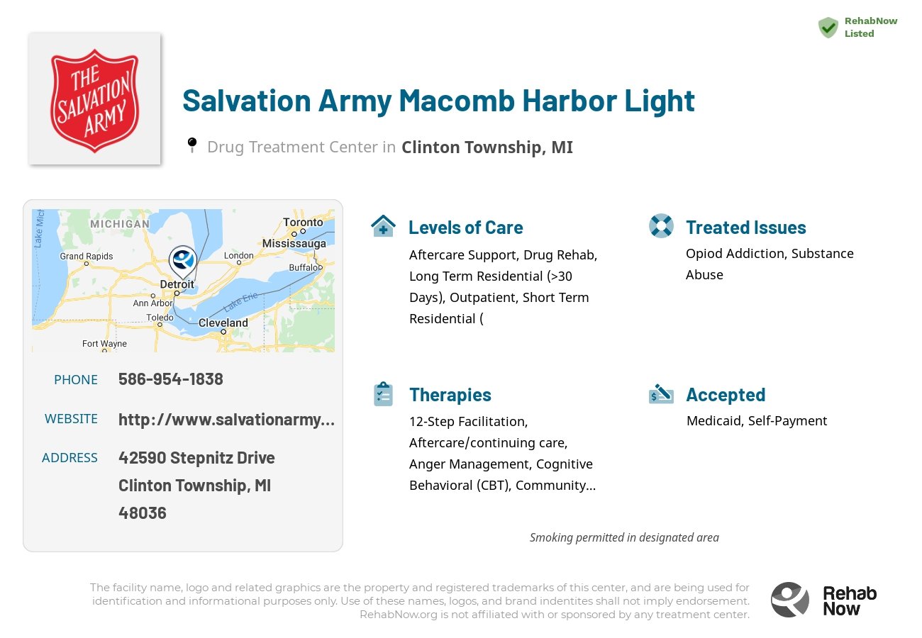 Helpful reference information for Salvation Army Macomb Harbor Light, a drug treatment center in Michigan located at: 42590 Stepnitz Drive, Clinton Township, MI 48036, including phone numbers, official website, and more. Listed briefly is an overview of Levels of Care, Therapies Offered, Issues Treated, and accepted forms of Payment Methods.