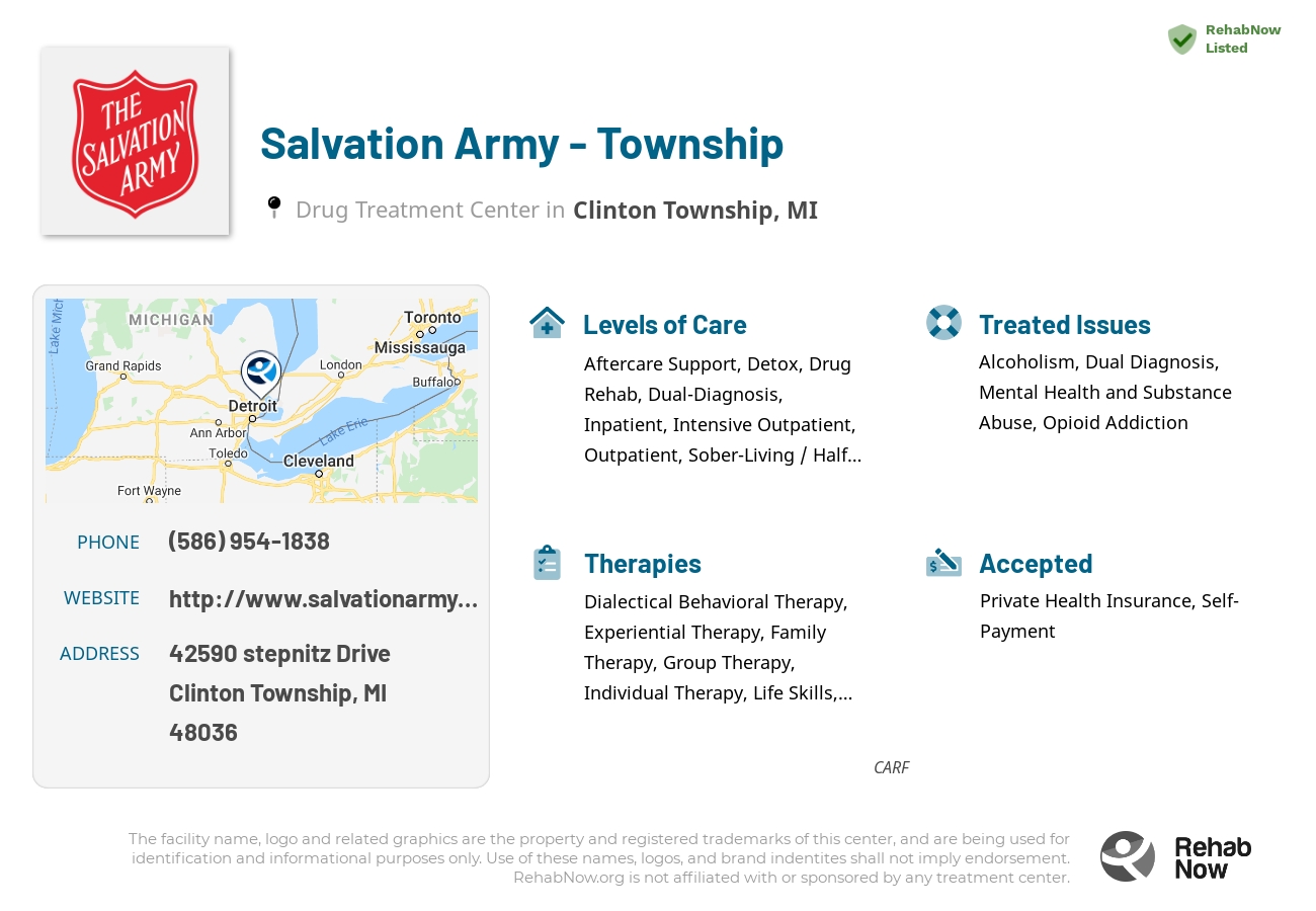 Helpful reference information for Salvation Army - Township, a drug treatment center in Michigan located at: 42590 stepnitz Drive, Clinton Township, MI, 48036, including phone numbers, official website, and more. Listed briefly is an overview of Levels of Care, Therapies Offered, Issues Treated, and accepted forms of Payment Methods.