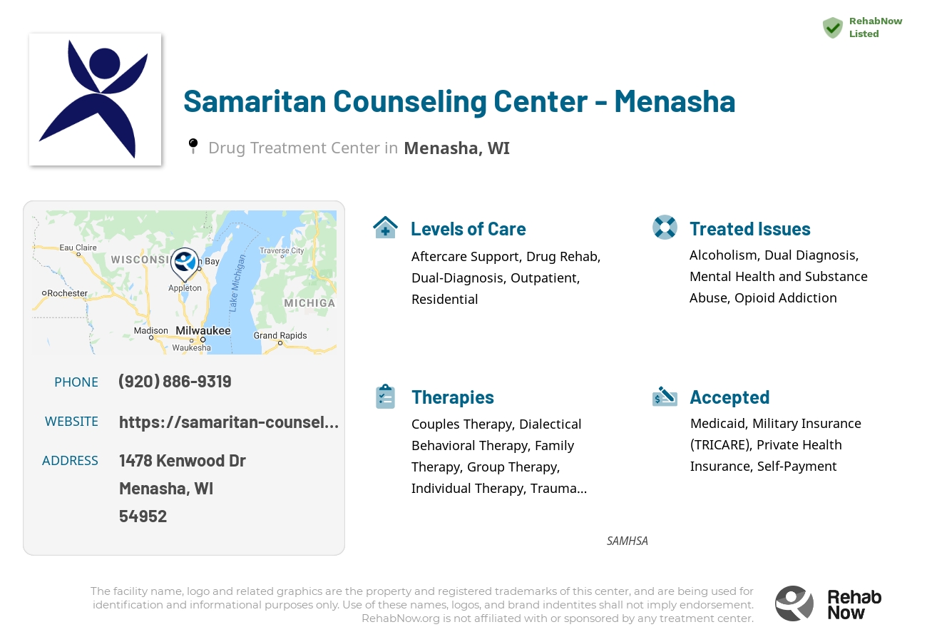Helpful reference information for Samaritan Counseling Center - Menasha, a drug treatment center in Wisconsin located at: 1478 Kenwood Dr, Menasha, WI 54952, including phone numbers, official website, and more. Listed briefly is an overview of Levels of Care, Therapies Offered, Issues Treated, and accepted forms of Payment Methods.