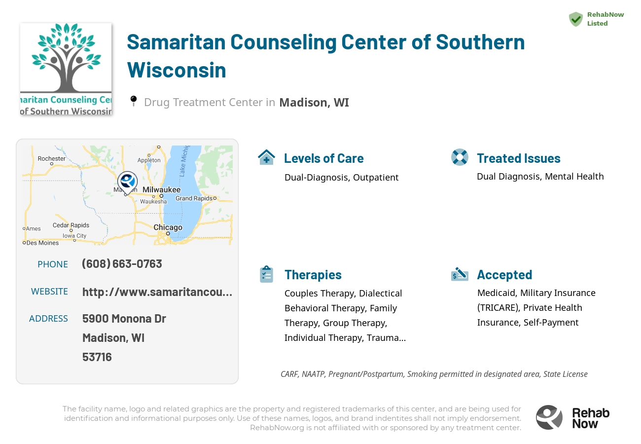 Helpful reference information for Samaritan Counseling Center of Southern Wisconsin, a drug treatment center in Wisconsin located at: 5900 Monona Dr, Madison, WI 53716, including phone numbers, official website, and more. Listed briefly is an overview of Levels of Care, Therapies Offered, Issues Treated, and accepted forms of Payment Methods.