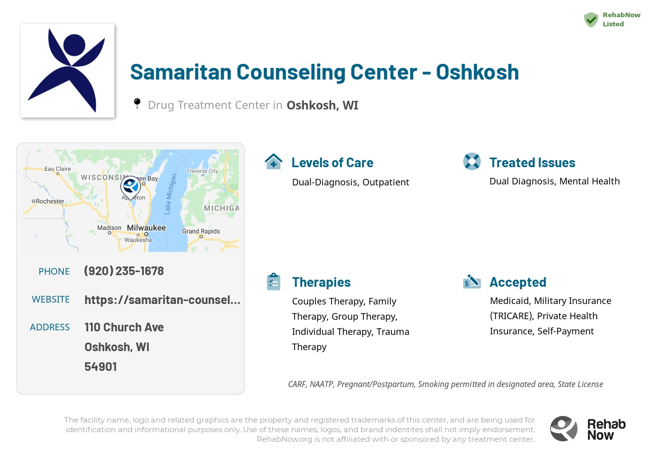 Helpful reference information for Samaritan Counseling Center - Oshkosh, a drug treatment center in Wisconsin located at: 110 Church Ave, Oshkosh, WI 54901, including phone numbers, official website, and more. Listed briefly is an overview of Levels of Care, Therapies Offered, Issues Treated, and accepted forms of Payment Methods.