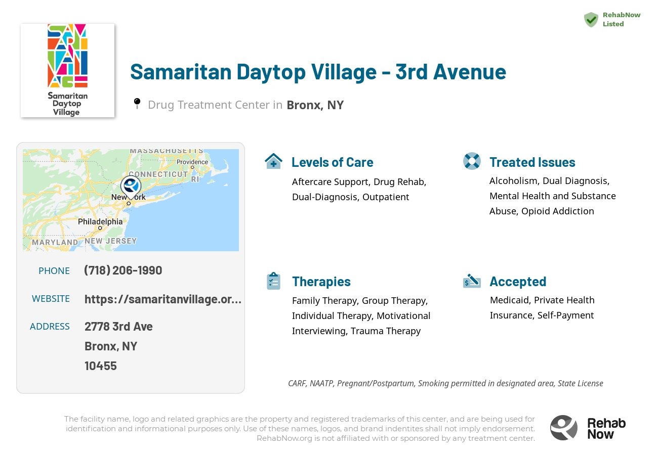 Helpful reference information for Samaritan Daytop Village - 3rd Avenue, a drug treatment center in New York located at: 2778 3rd Ave, Bronx, NY 10455, including phone numbers, official website, and more. Listed briefly is an overview of Levels of Care, Therapies Offered, Issues Treated, and accepted forms of Payment Methods.
