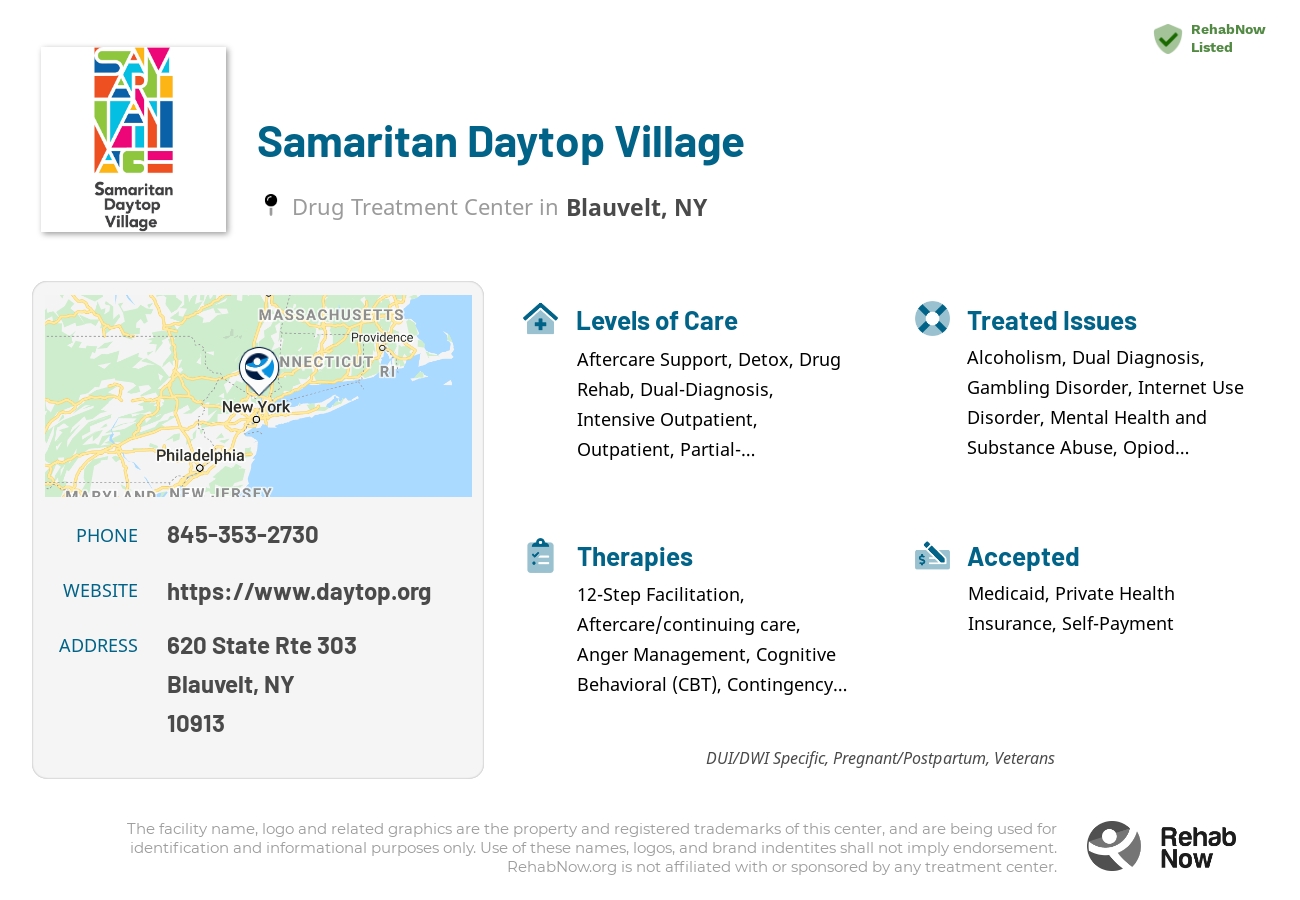Helpful reference information for Samaritan Daytop Village, a drug treatment center in New York located at: 620 State Rte 303, Blauvelt, NY 10913, including phone numbers, official website, and more. Listed briefly is an overview of Levels of Care, Therapies Offered, Issues Treated, and accepted forms of Payment Methods.