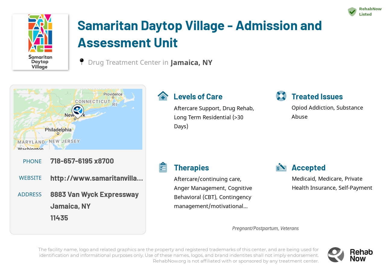 Helpful reference information for Samaritan Daytop Village - Admission and Assessment Unit, a drug treatment center in New York located at: 8883 Van Wyck Expressway, Jamaica, NY 11435, including phone numbers, official website, and more. Listed briefly is an overview of Levels of Care, Therapies Offered, Issues Treated, and accepted forms of Payment Methods.