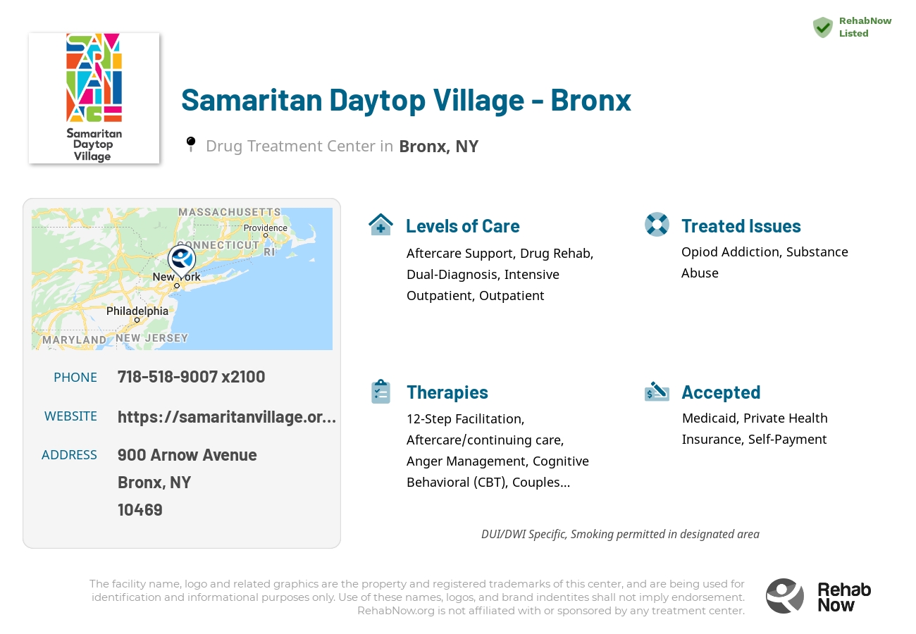 Helpful reference information for Samaritan Daytop Village - Bronx, a drug treatment center in New York located at: 900 Arnow Avenue, Bronx, NY 10469, including phone numbers, official website, and more. Listed briefly is an overview of Levels of Care, Therapies Offered, Issues Treated, and accepted forms of Payment Methods.