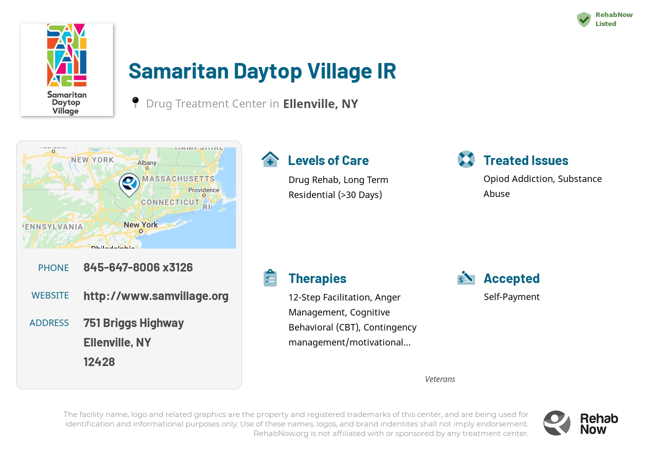 Helpful reference information for Samaritan Daytop Village IR, a drug treatment center in New York located at: 751 Briggs Highway, Ellenville, NY 12428, including phone numbers, official website, and more. Listed briefly is an overview of Levels of Care, Therapies Offered, Issues Treated, and accepted forms of Payment Methods.